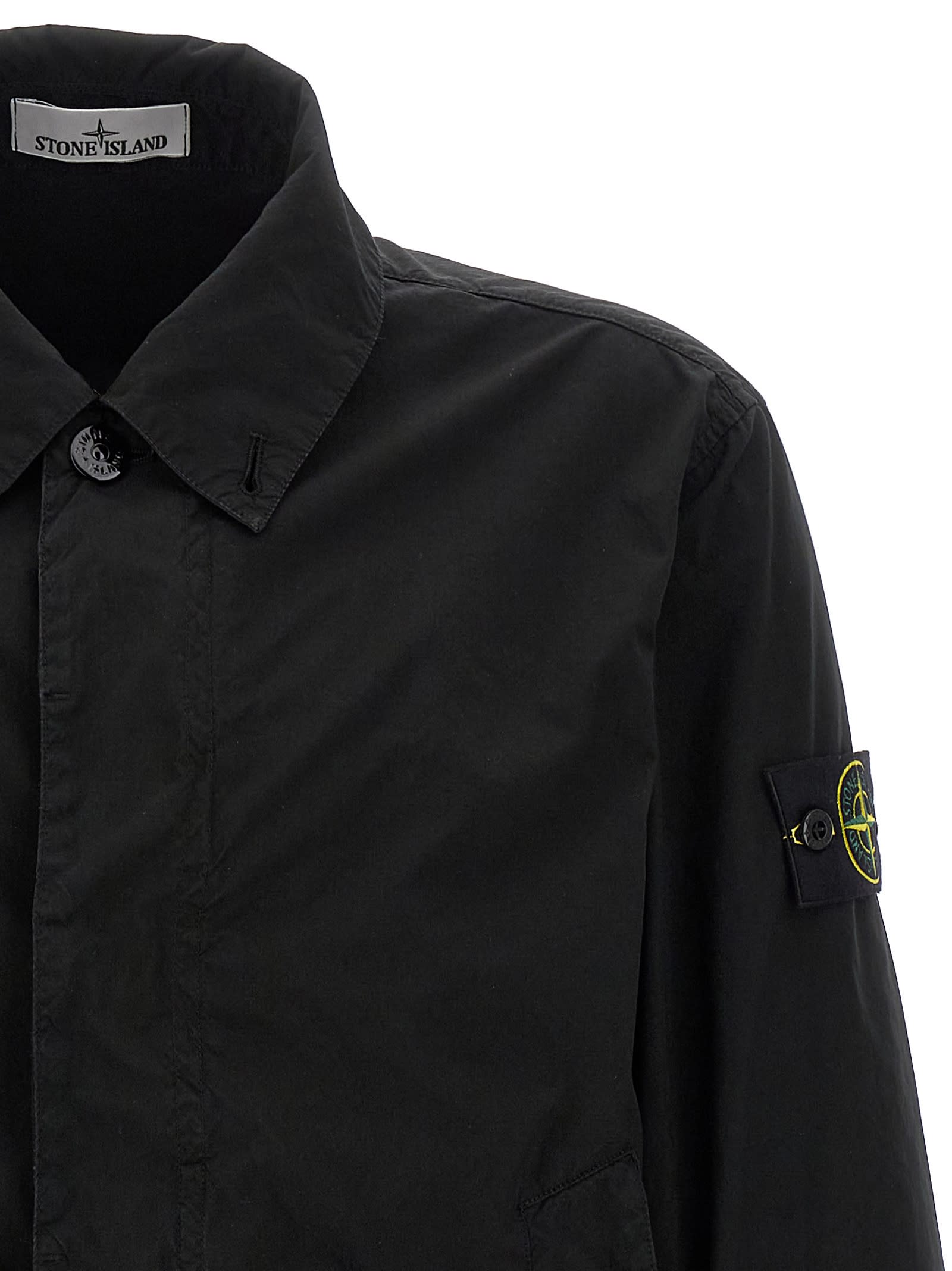 Stone Island Blue Jacket With Classic Collar And Logo Patch On The Sleeve In Tech Fabric Man In Black