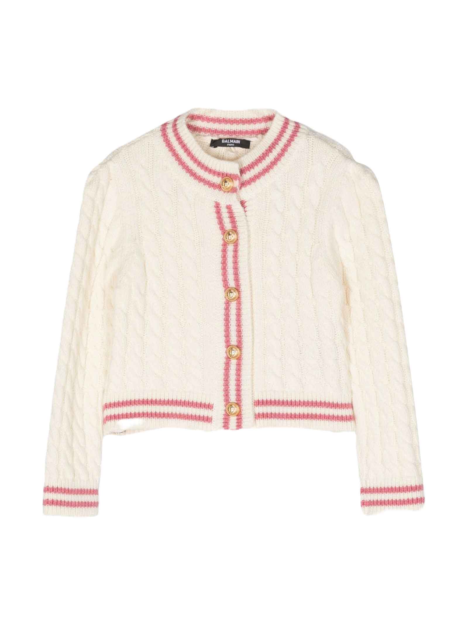 Shop Balmain Ivory/pink Cardigan Girl In Bianco