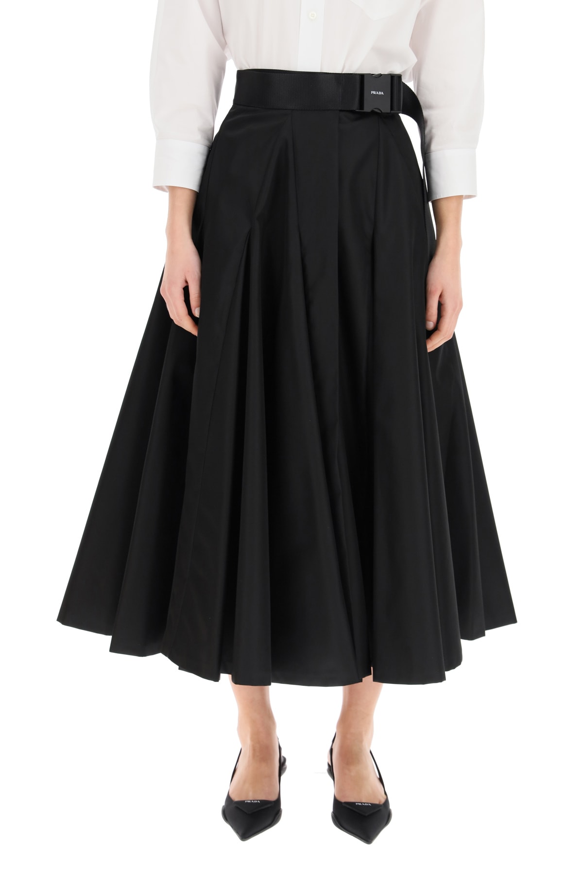 Prada Midi Skirt In Re-nylon Gabardine In Nero