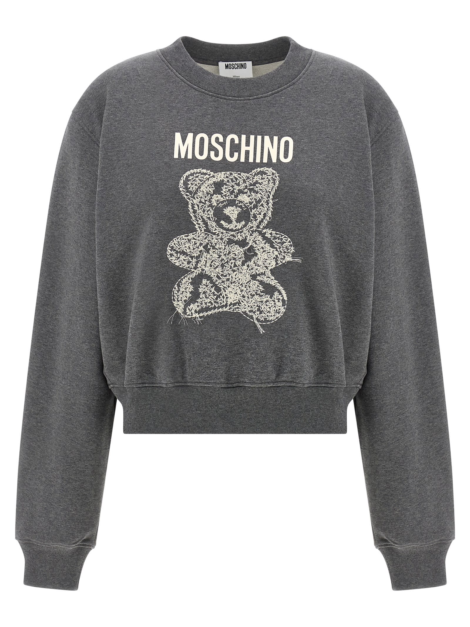Moschino Ribbed Knitwear With Crew Neck And Graphic Print In Gray