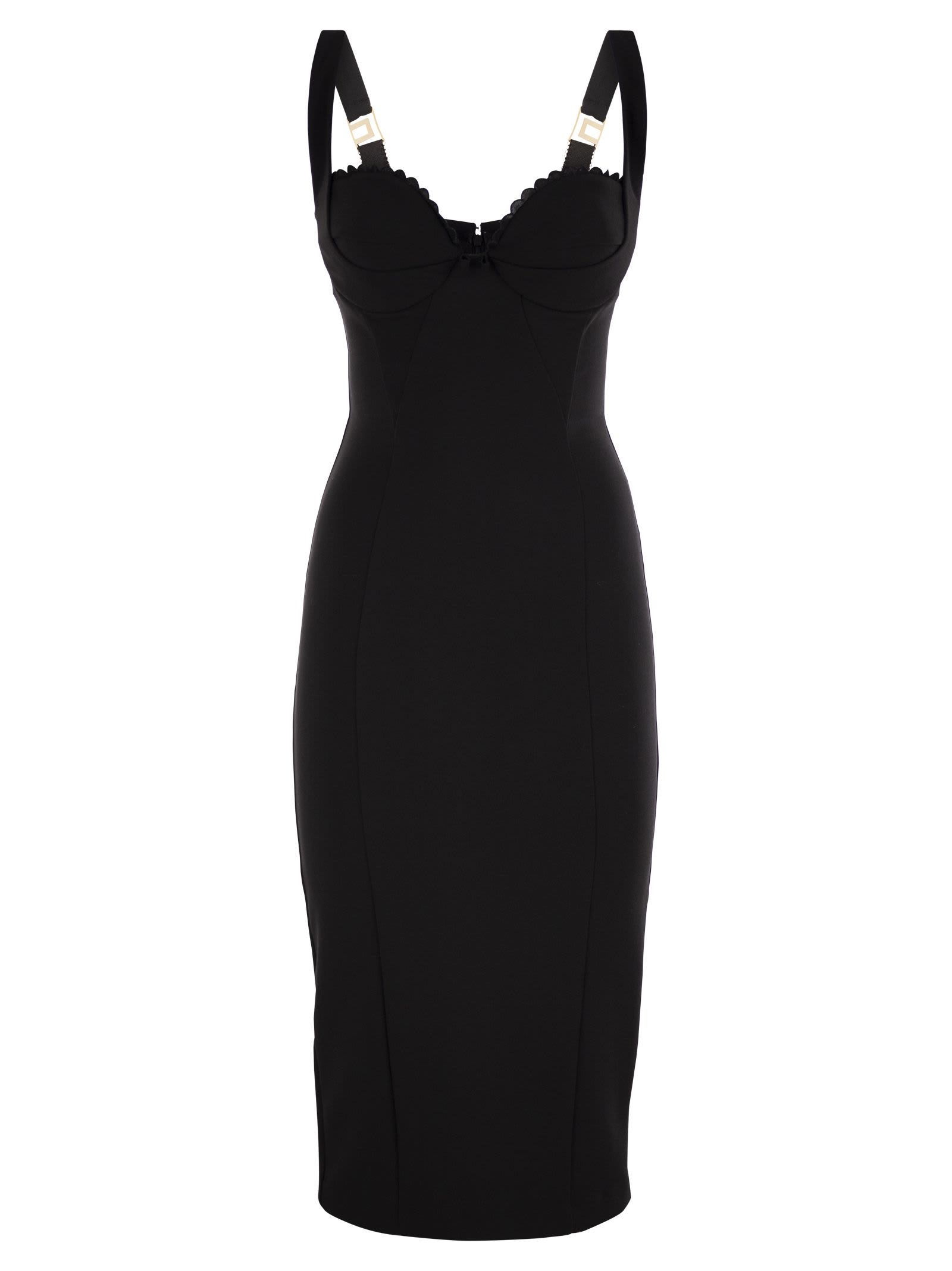 Elisabetta Franchi Double Stretch Crepe Dress With Embroidered Scalloping