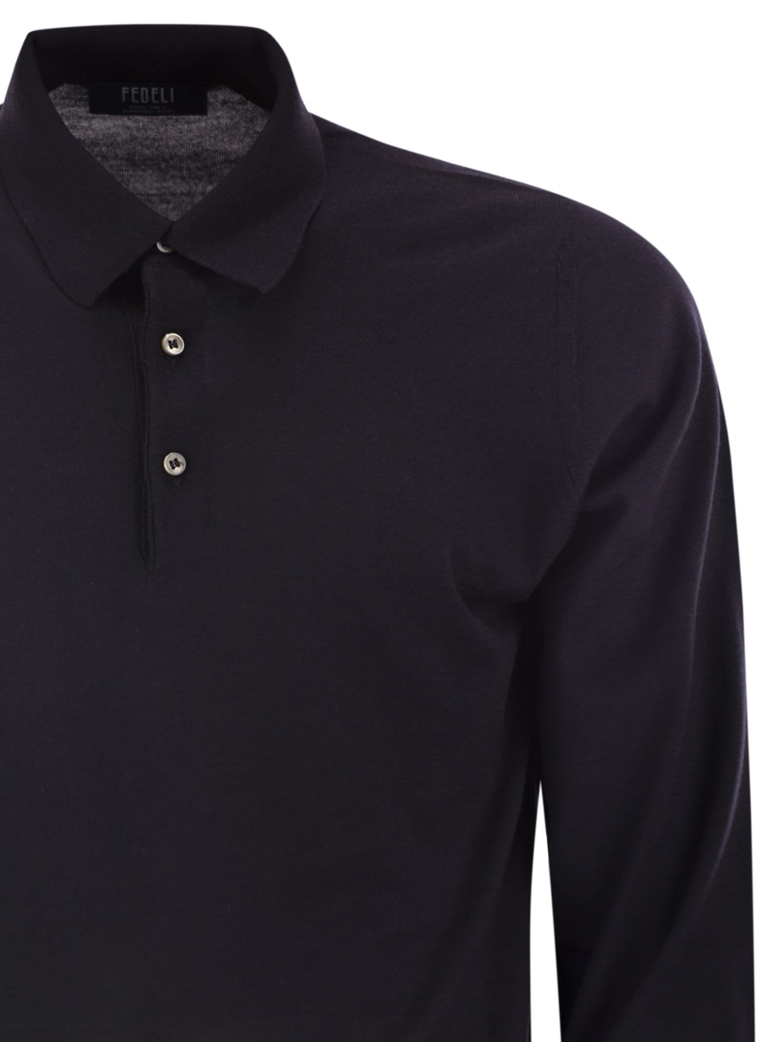 Fedeli Three-button Virgin Wool Polo Shirt In Blue