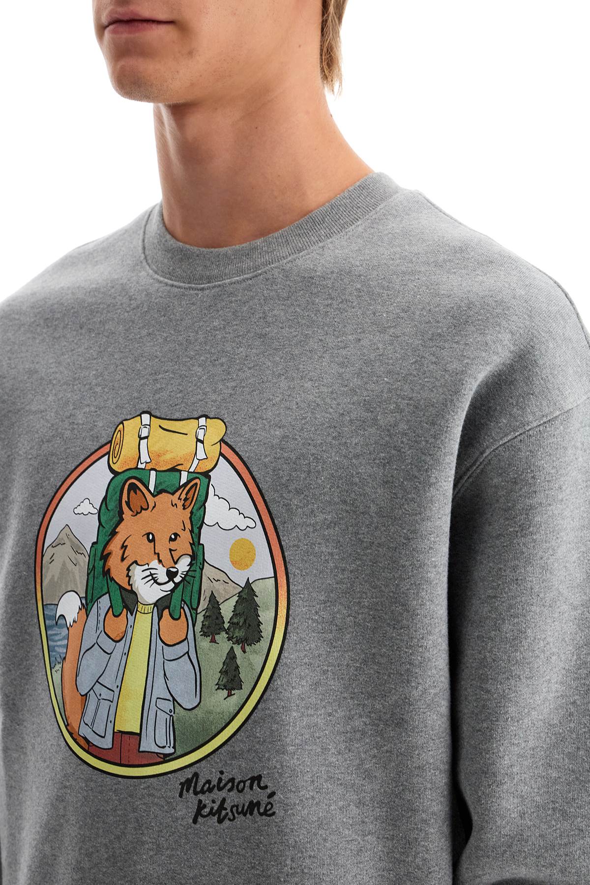 Shop Maison Kitsuné Rambling Fox Print Sweat In Medium Grey Melange (grey)