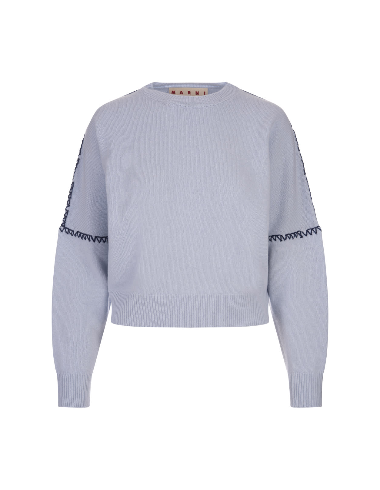 Shop Marni Light Blue Sweater With Logo And Stitching