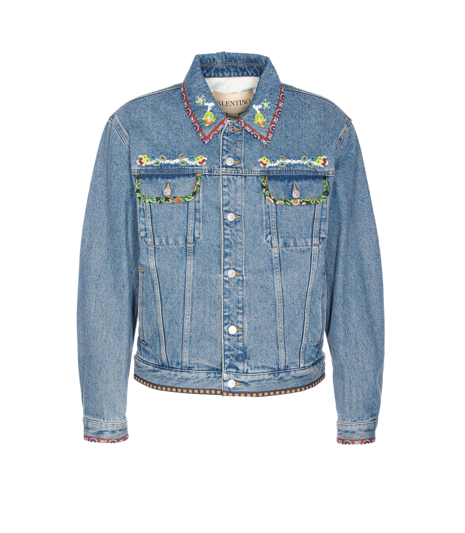Beaded Embroidery And Printed Edges Denim Jacket