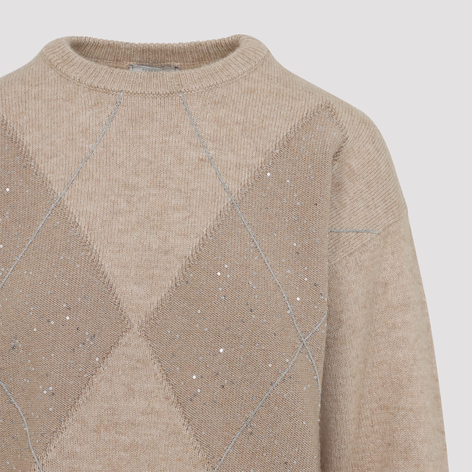 Peserico Argyle Knit Sweater With Sparkling Embellishments In Gray