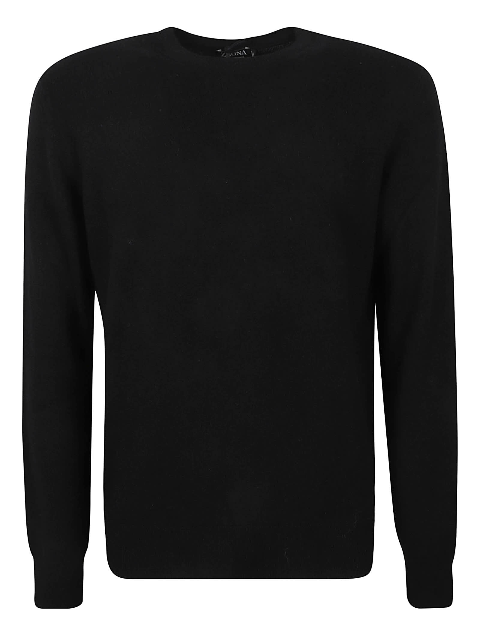 Zegna Round Neck Plain Ribbed Sweater In Black