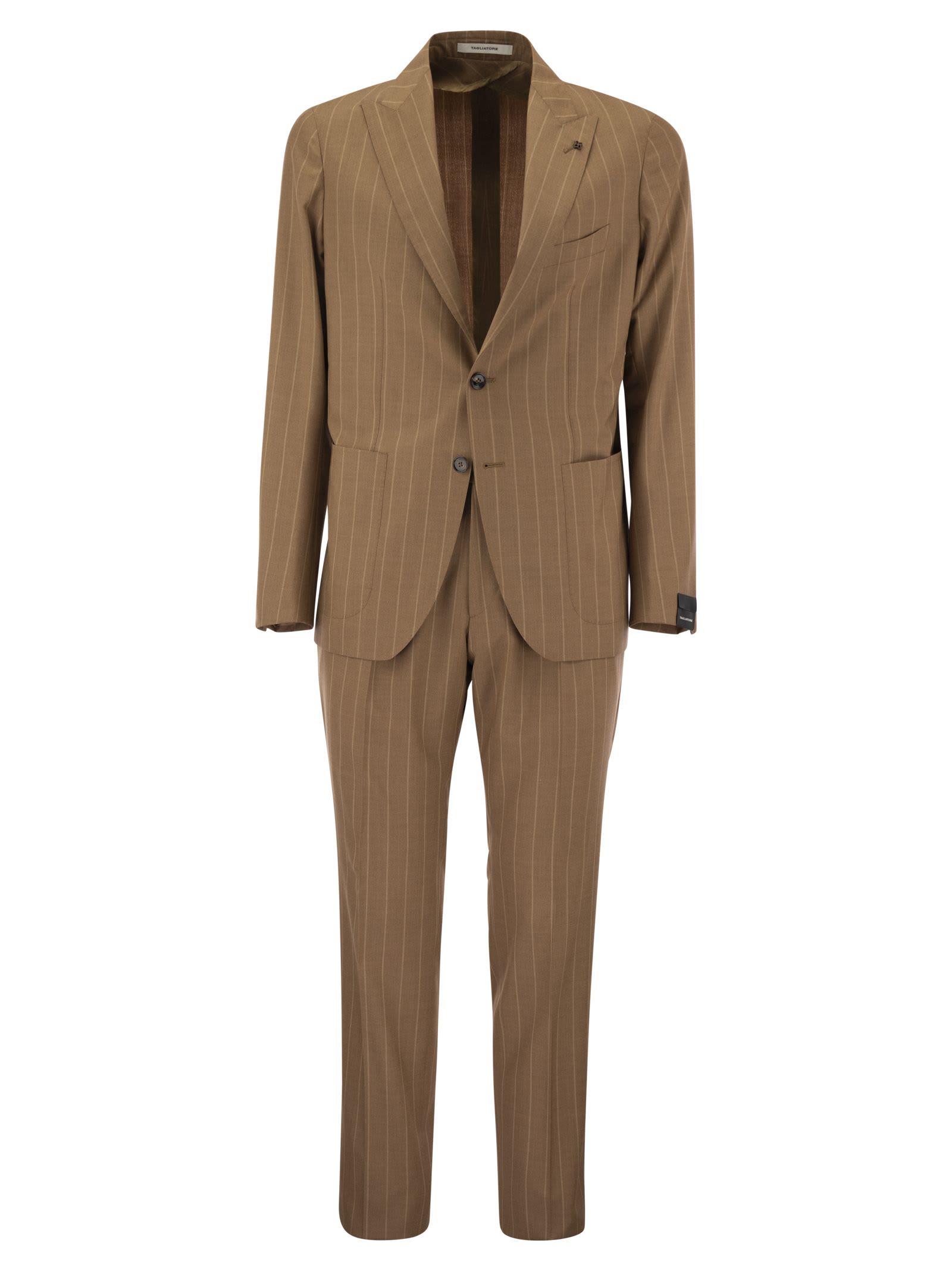 Shop Tagliatore Pinstripe Suit In Wool And Silk In Cognac