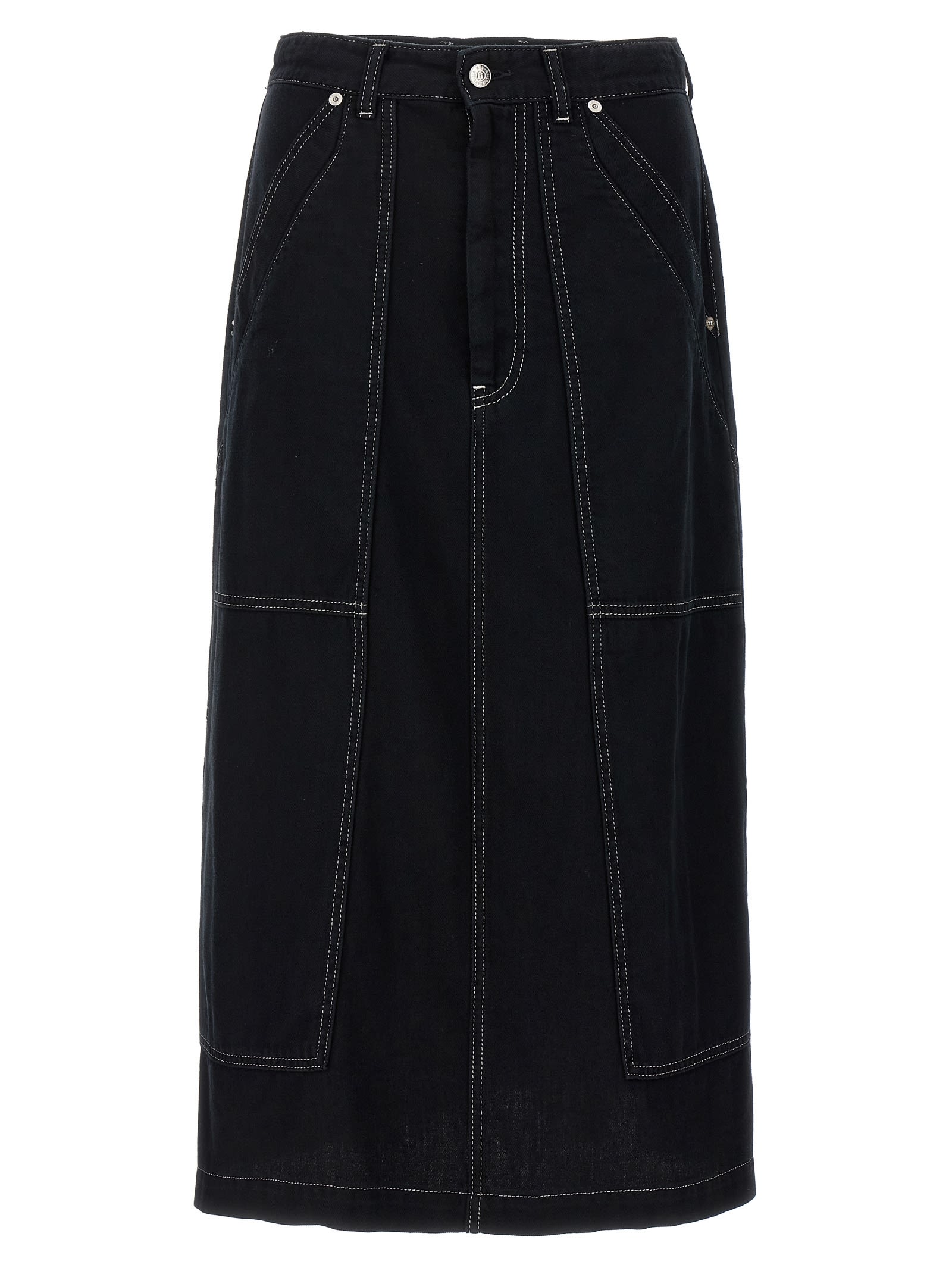 Shop Mm6 Maison Margiela Lurex Stitching Midi Denim Skirt In Black