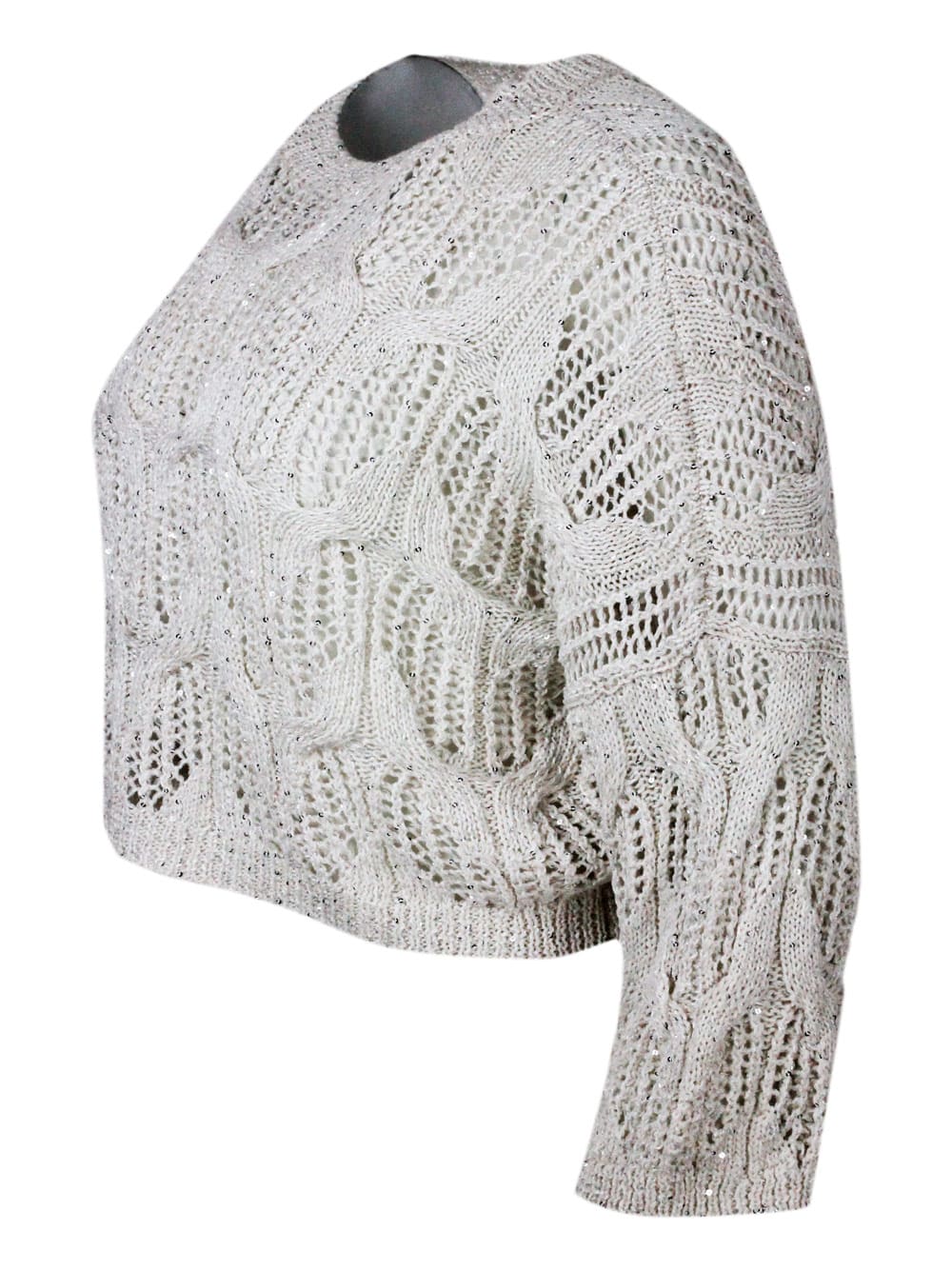Shop Antonelli Long-sleeved Crew-neck Sweater With Braided Workmanship Embellished With Cotton And Linen Microsequi In Beige