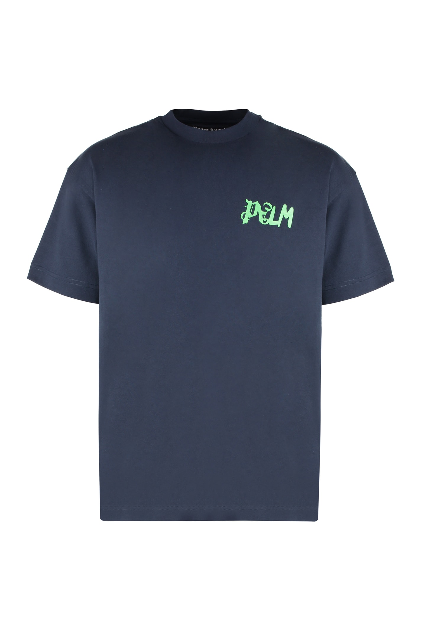 Shop Palm Angels Cotton Crew-neck T-shirt In Navy Blue/green Fluo