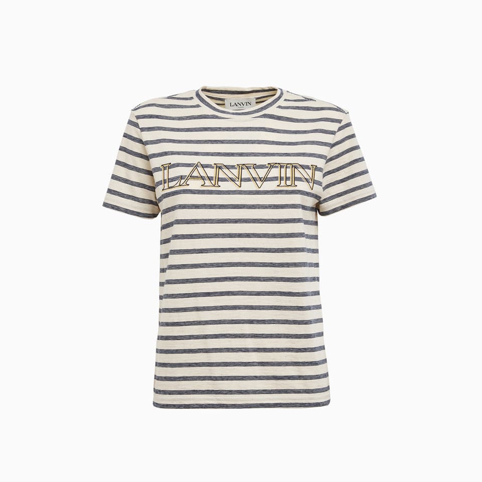 Lanvin Striped Crew Neck T-shirt With Short Sleeves In Ecru/blue