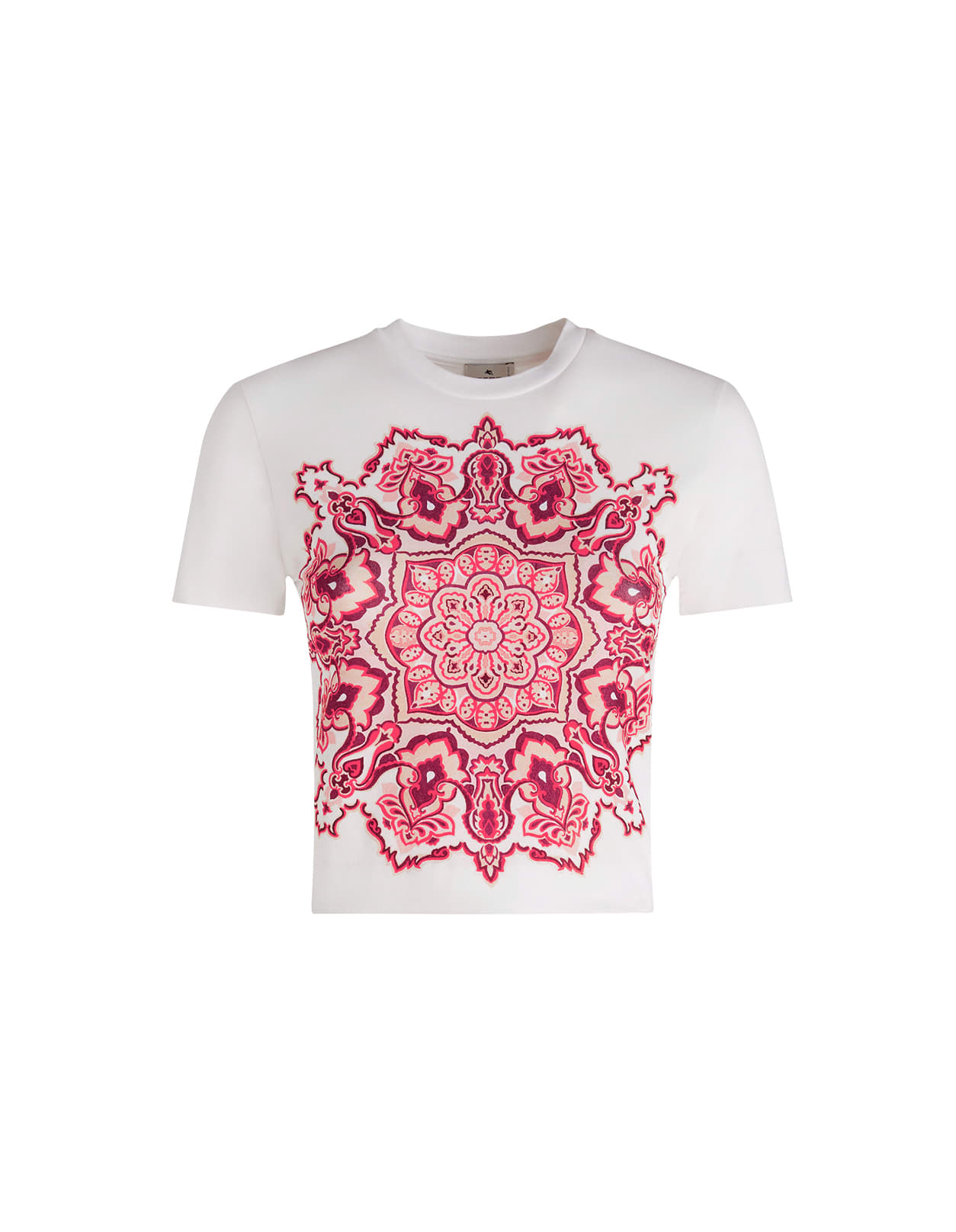 Etro White Crop T-shirt With Pink Mandala Print