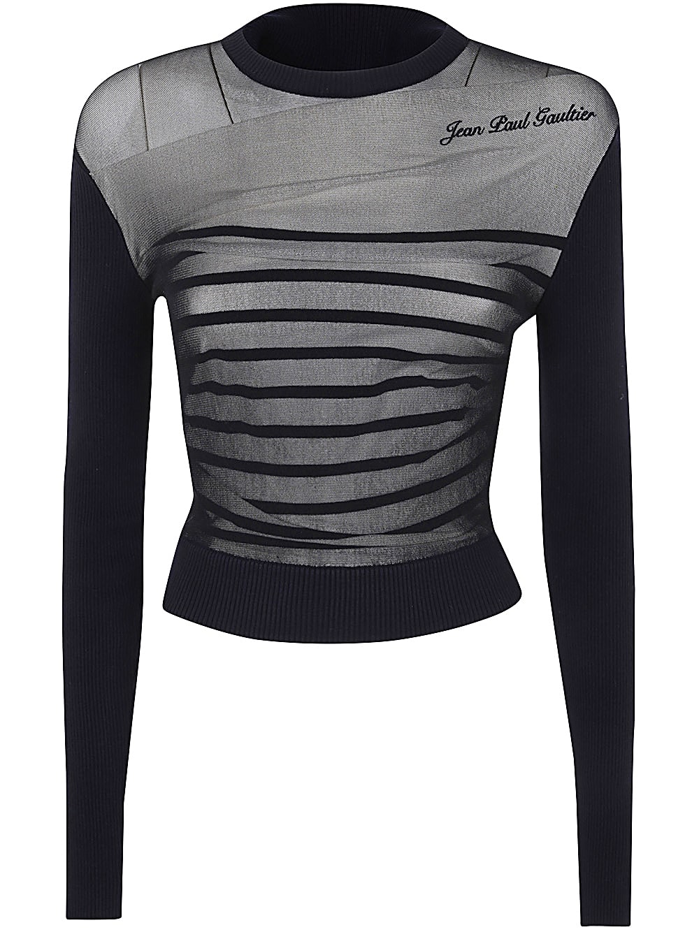 Shop Jean Paul Gaultier Crewneck Ribbed Mariniere Pullover With Mesh Layer In Navy White Black