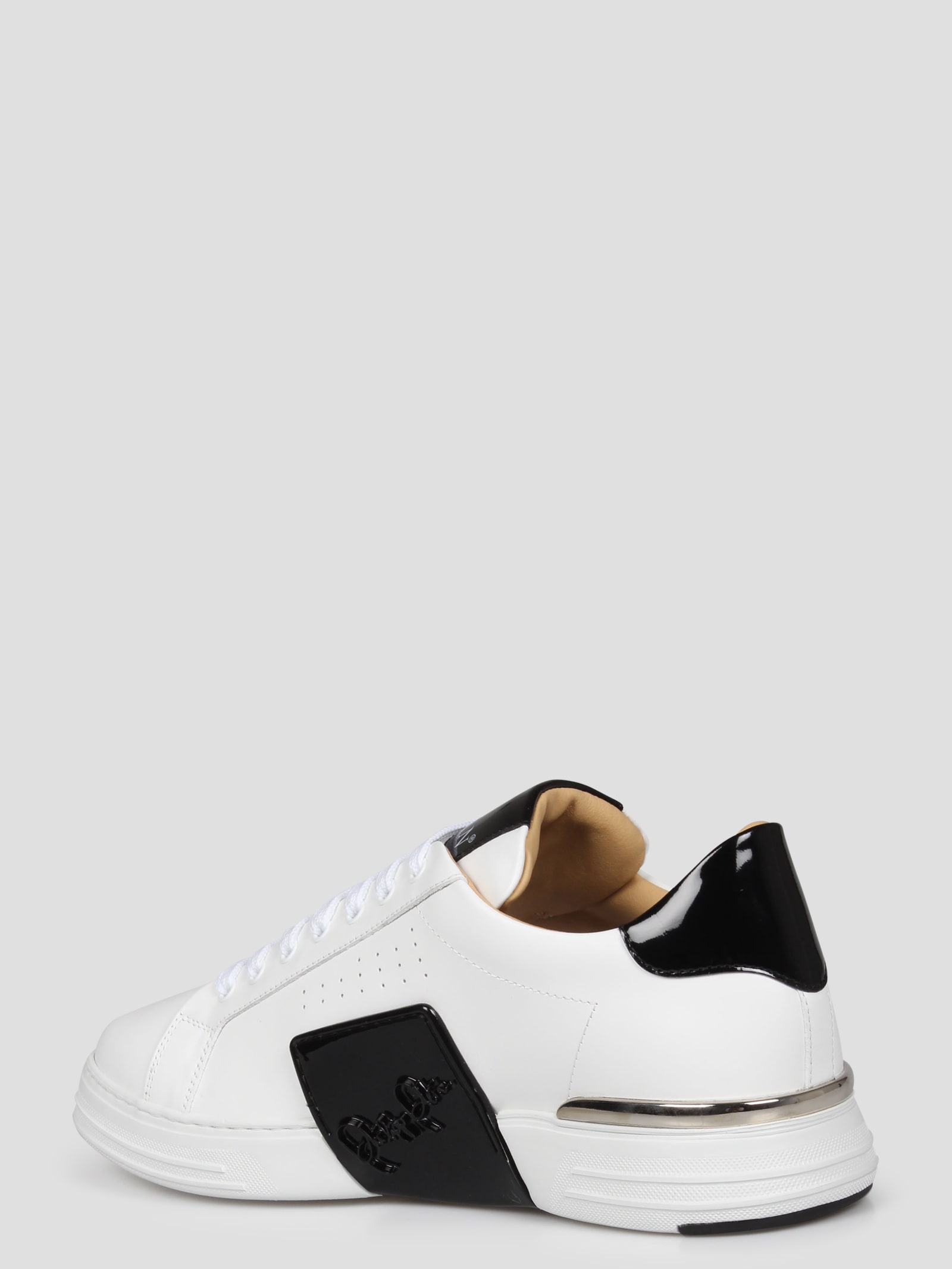 Shop Philipp Plein Mix Leather Lo-top Sneakers Hexagon In White