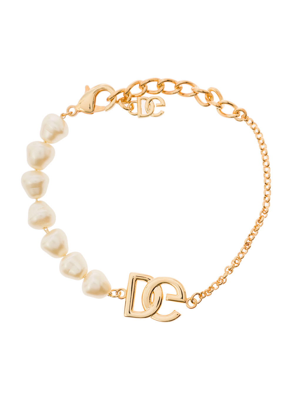 DOLCE & GABBANA GOLD-TONE BRACELET WITH LOGO PLACQUE AND PEARL DETAILING IN BRASS WOMAN