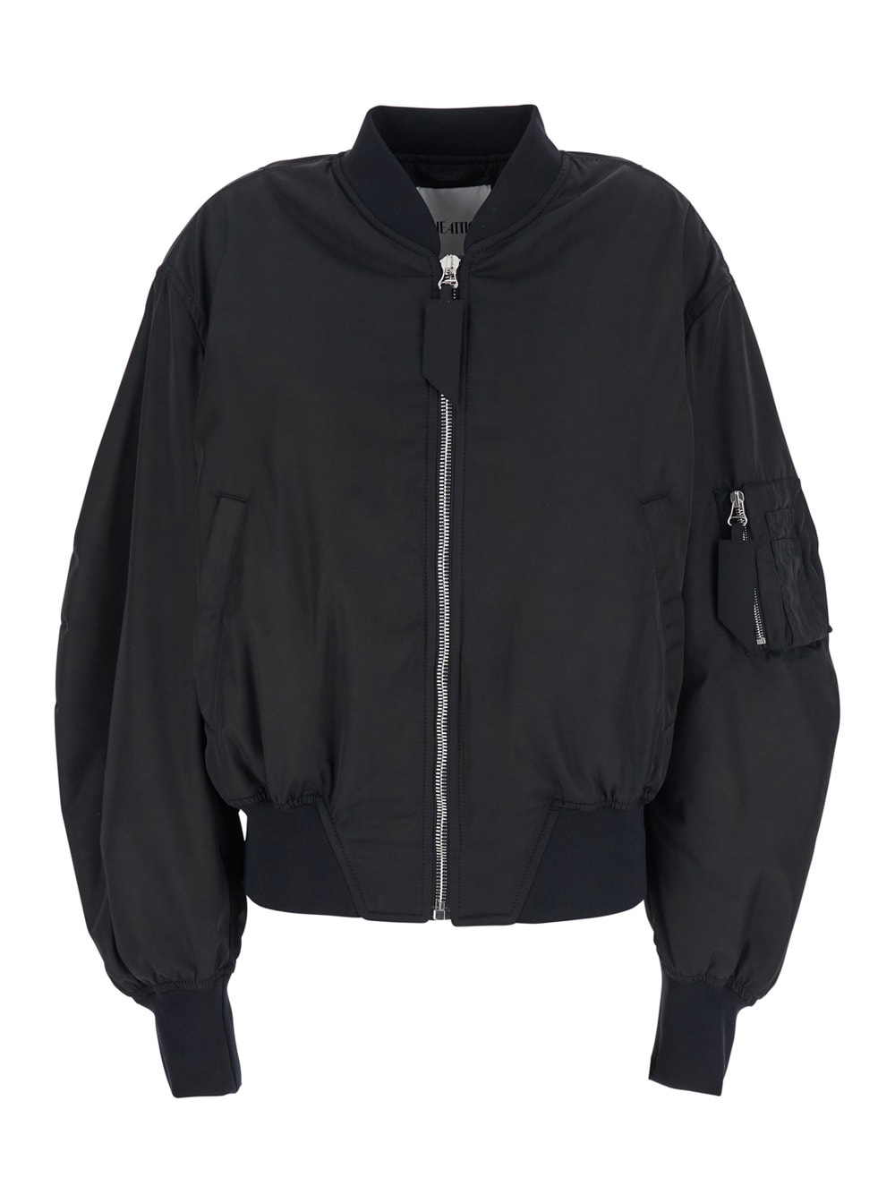 Black Bomber Jacket With Front Zip Closure And One Zipped Pocket On The Sleeve In Tech Fabric Woman