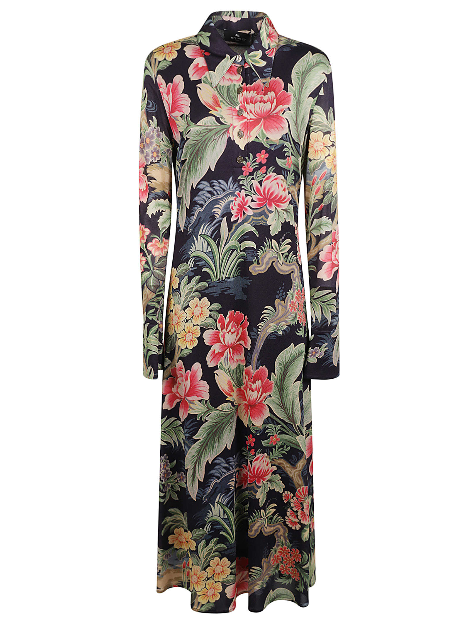 Etro Cons Floral Print Collared Midi Dress In Multicolor