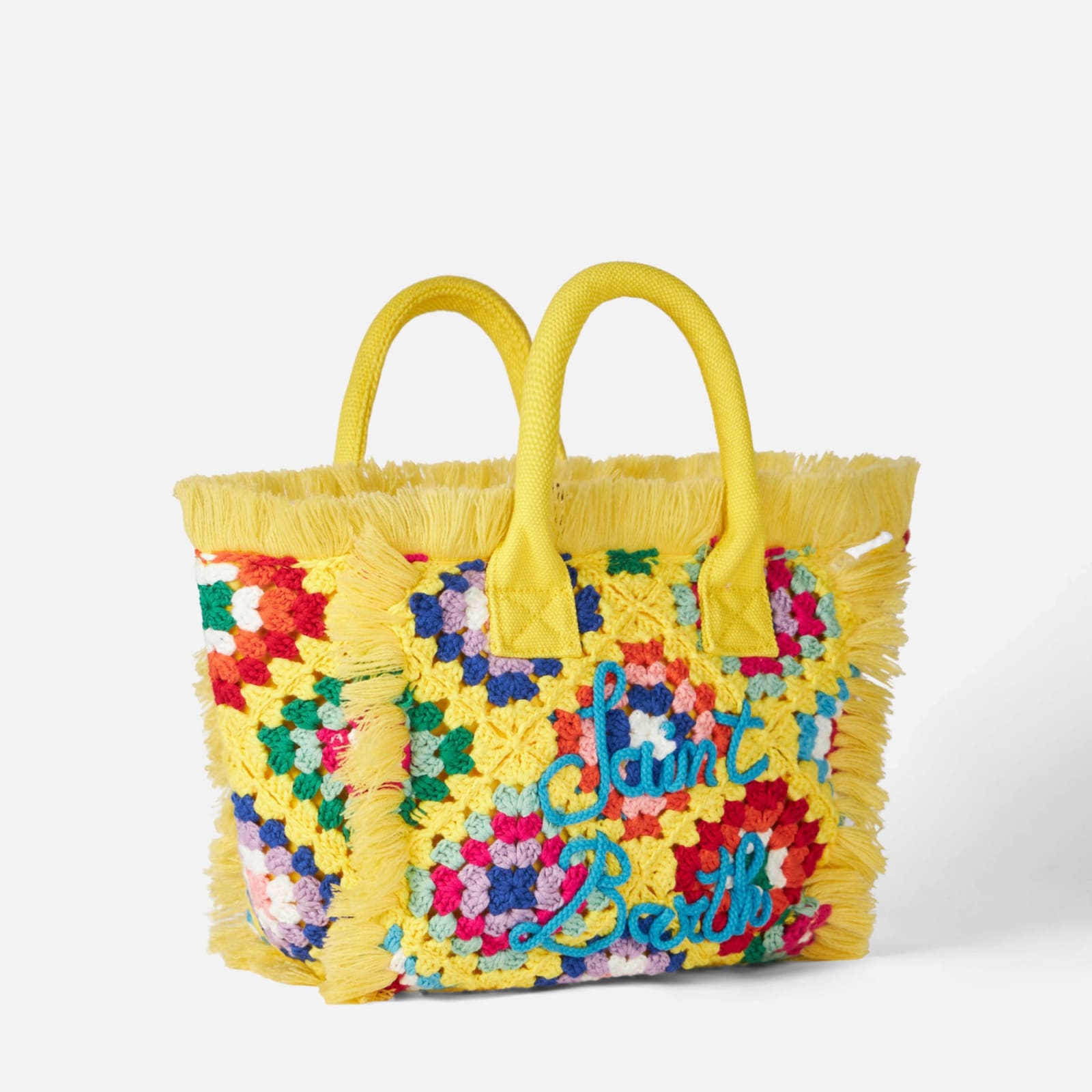 Shop Mc2 Saint Barth Colette Crochet Handbag With Fringes In Yellow