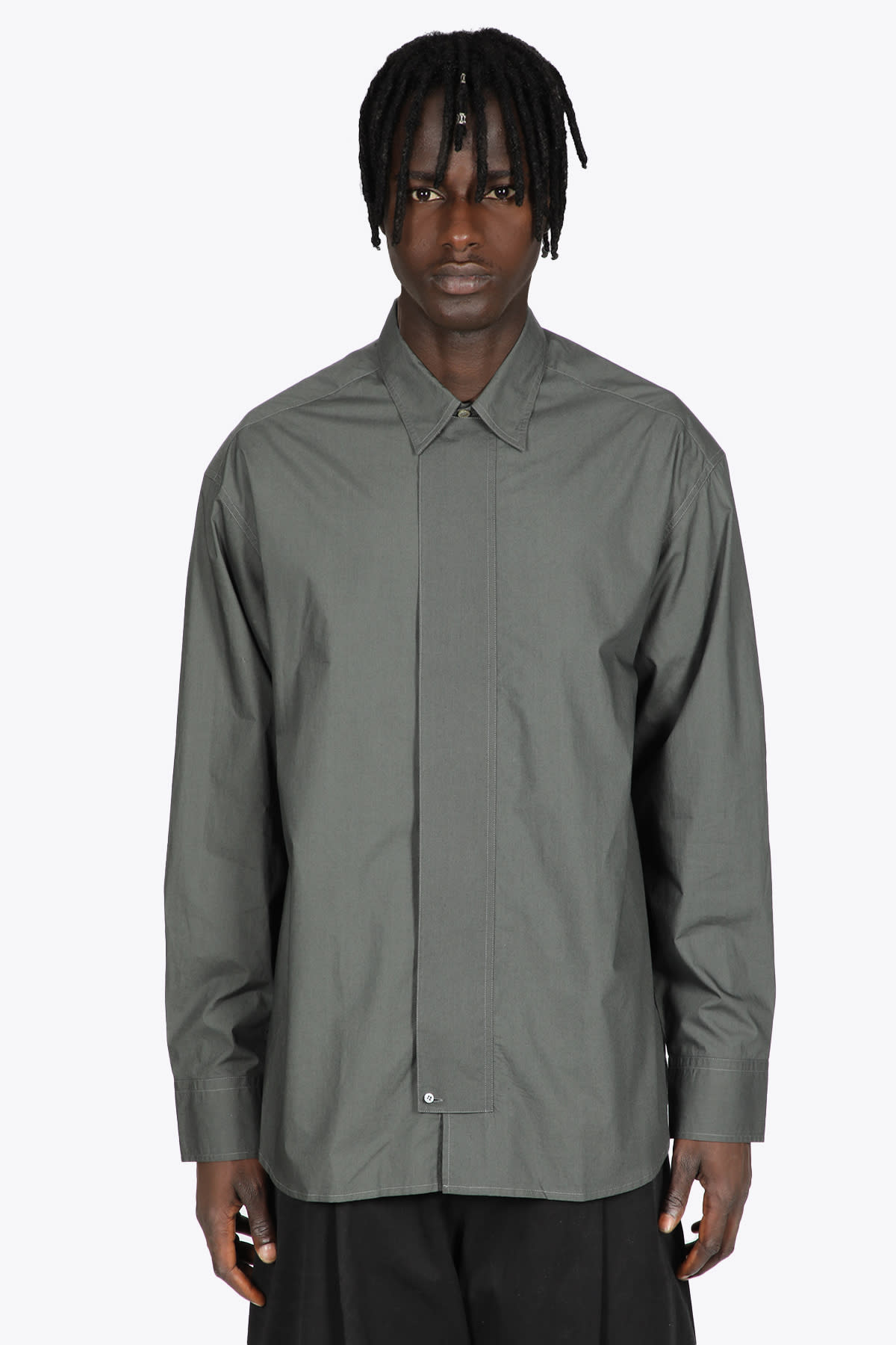 Studio Nicholson Storm Flap Shirt Charcoal grey poplin cotton shirt - Storm