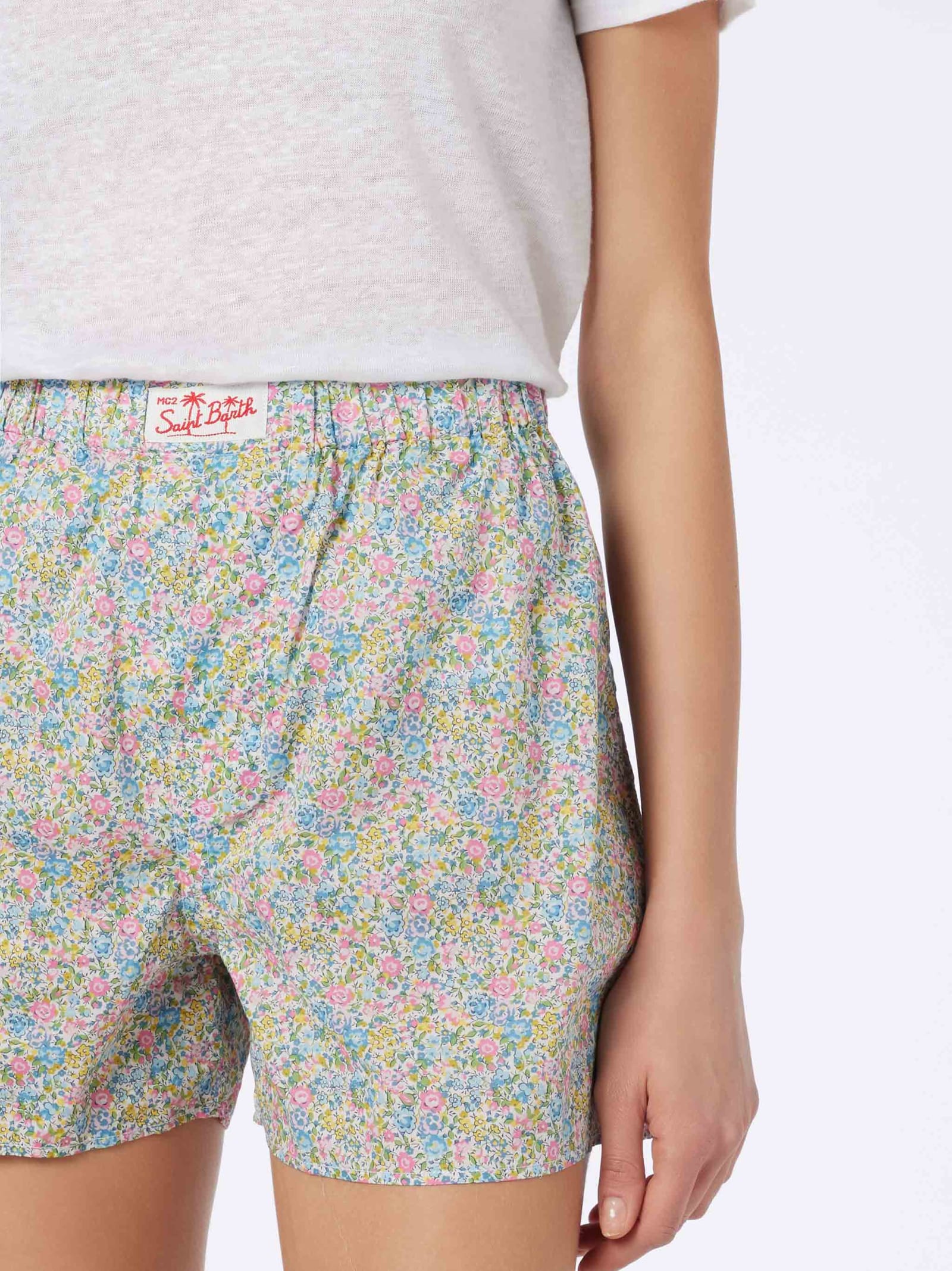 Mc2 Saint Barth Woman Emma & Georgina Print Cotton Shorts Boxy Made With Liberty Fabric In Yellow