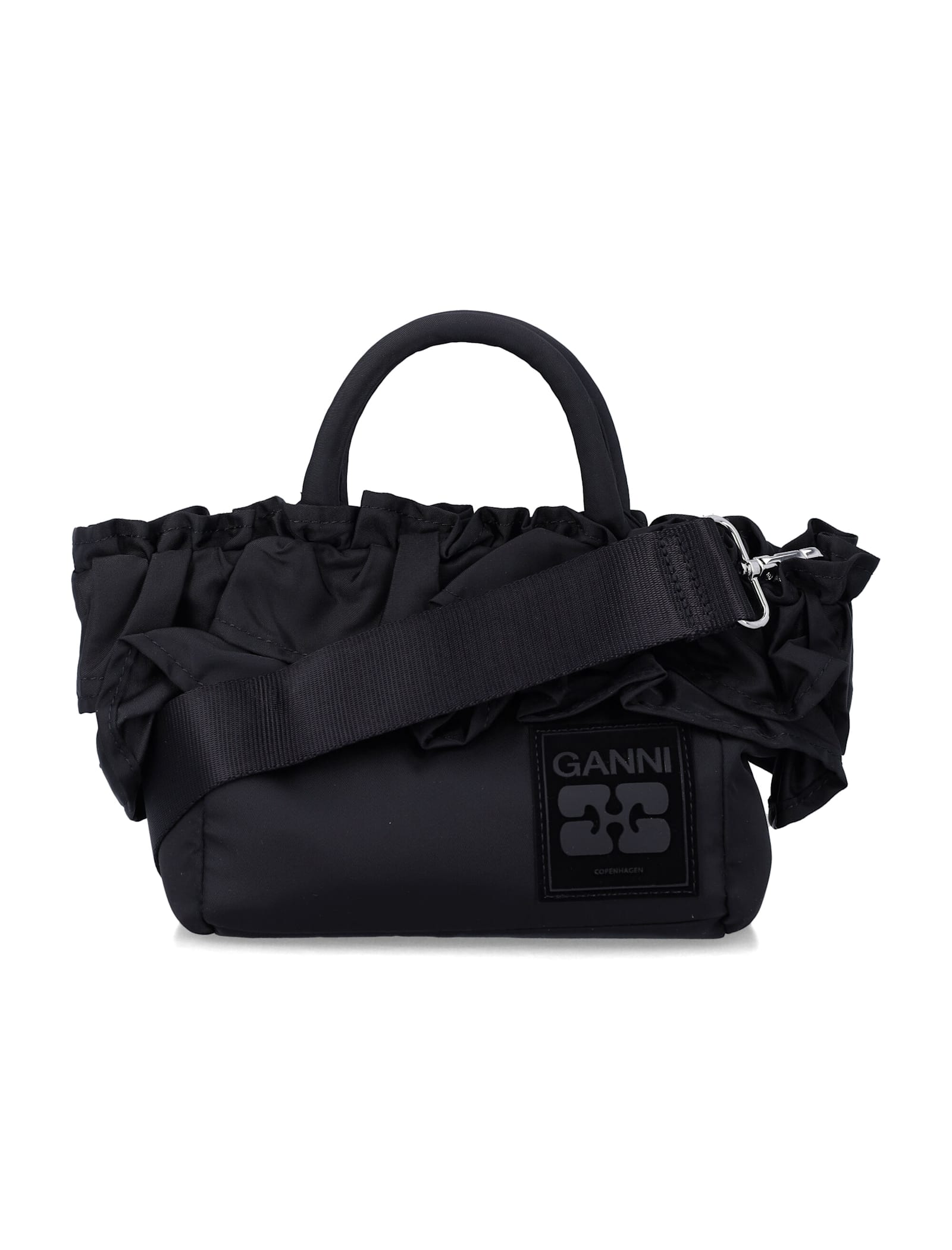 Ganni Black Nylon Ruffled Top Handle Bag In Black