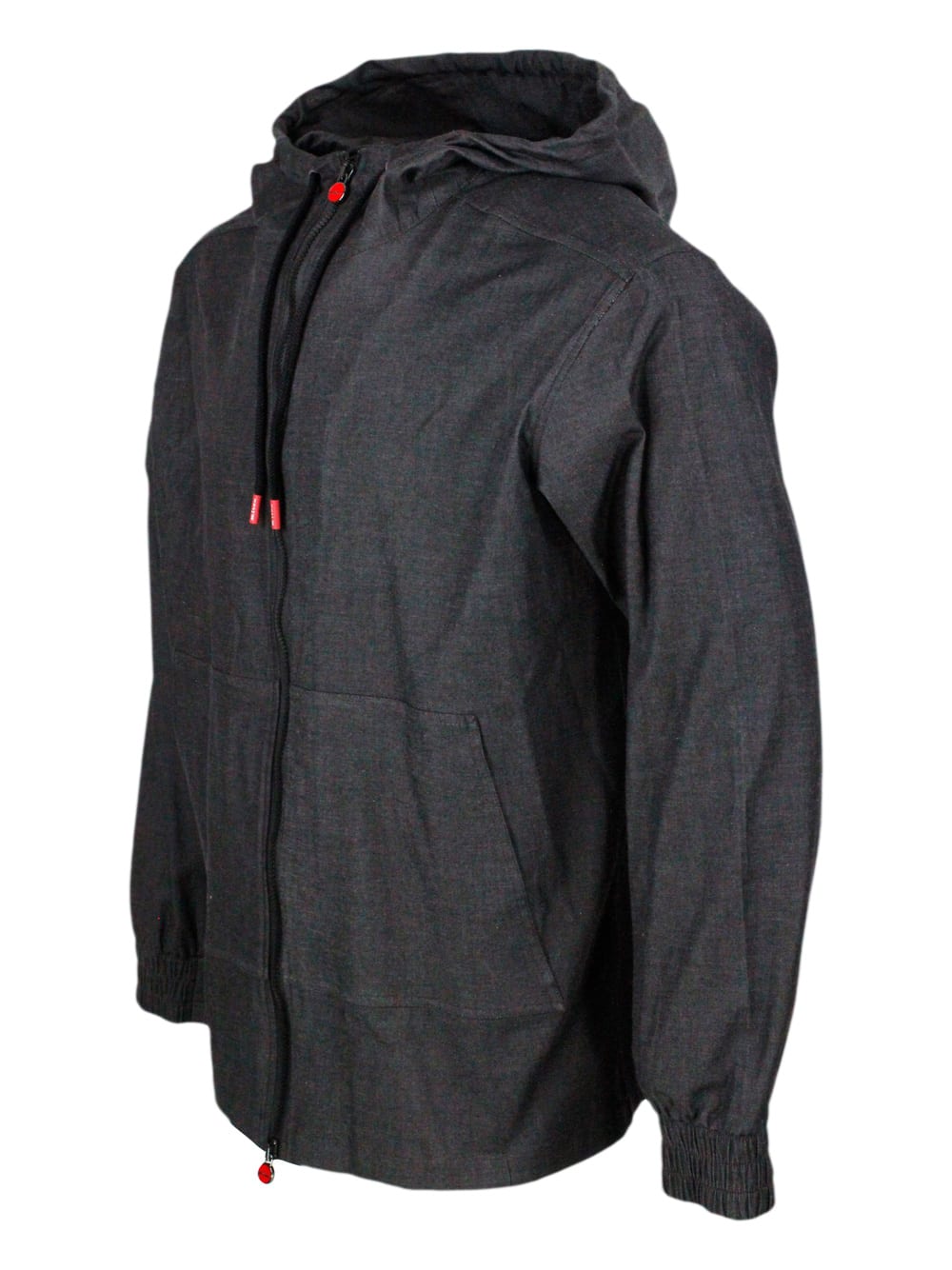 Shop Kiton Super Light Sweatshirt Jacket With Hood In Very Soft Denim-effect Cotton Fabric With Zip Closure Wit In Black Denim