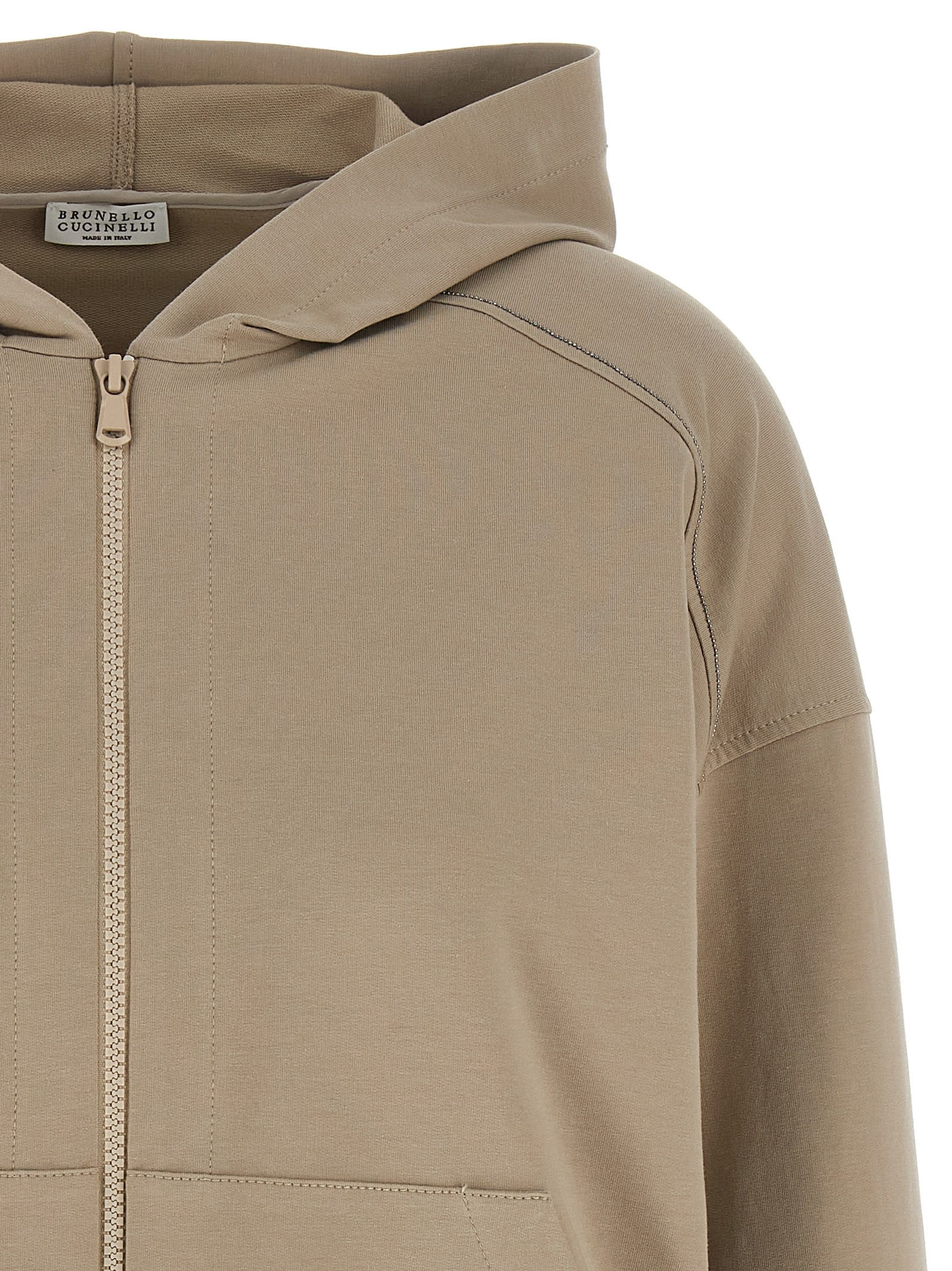 Brunello Cucinelli Hooded Kangaroo Pocket Top With Ribbed Cuffs In Brown