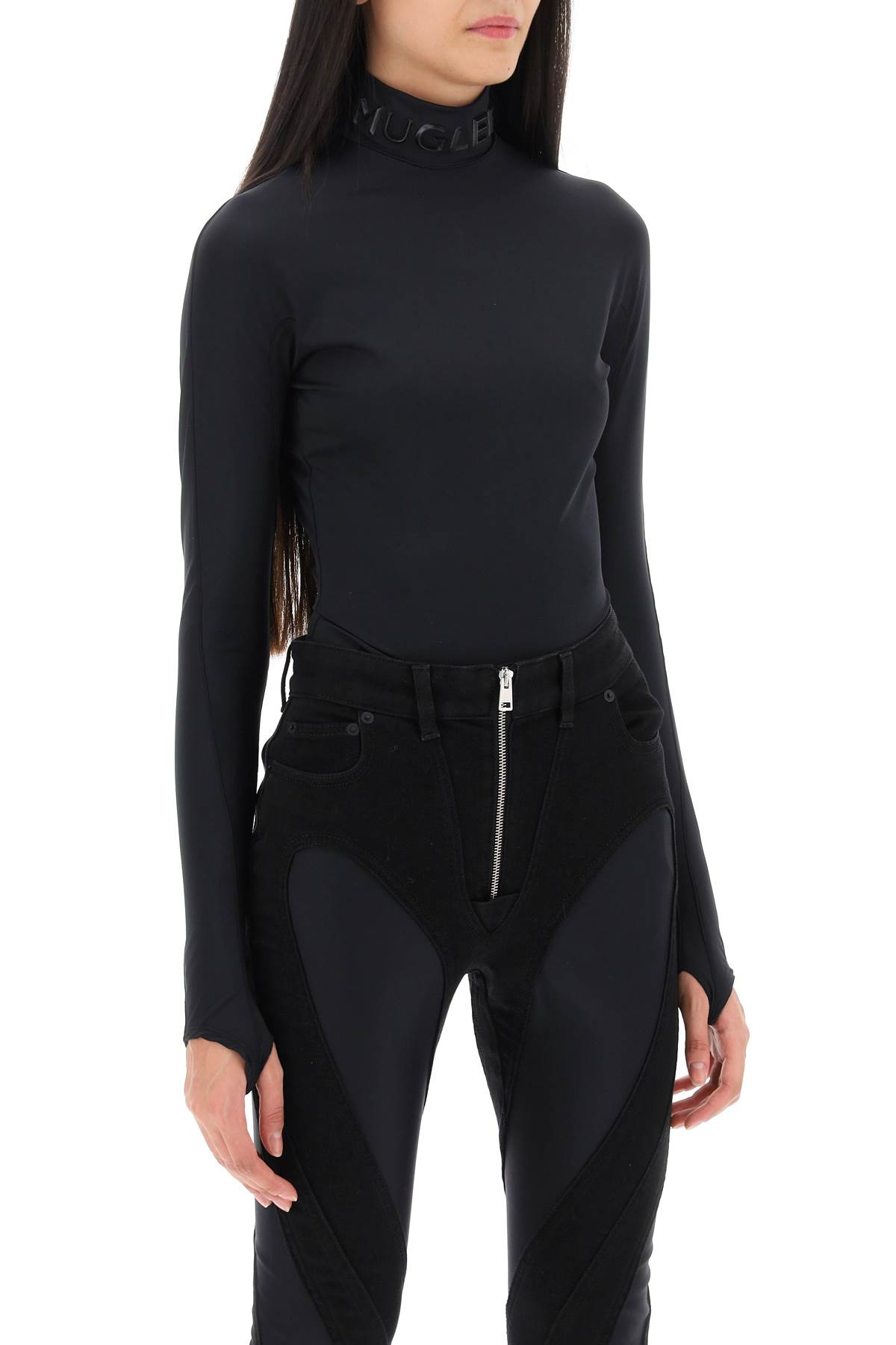Shop Mugler Bodysuit With Stand Collar In Black (black)