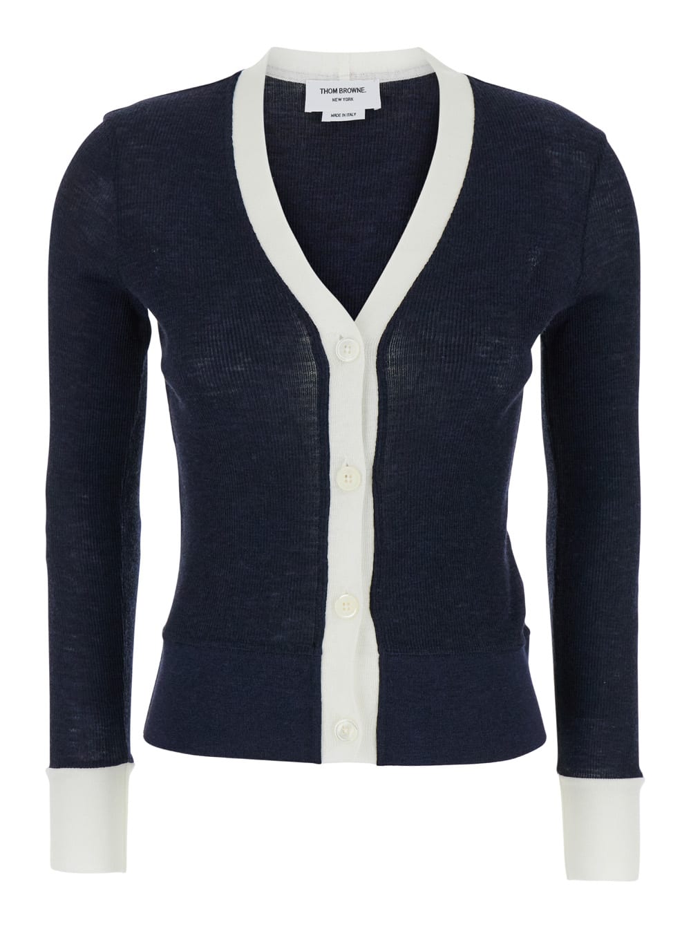 Shop Thom Browne Blue Cardigan With Contrasting Trim In Wool Woman