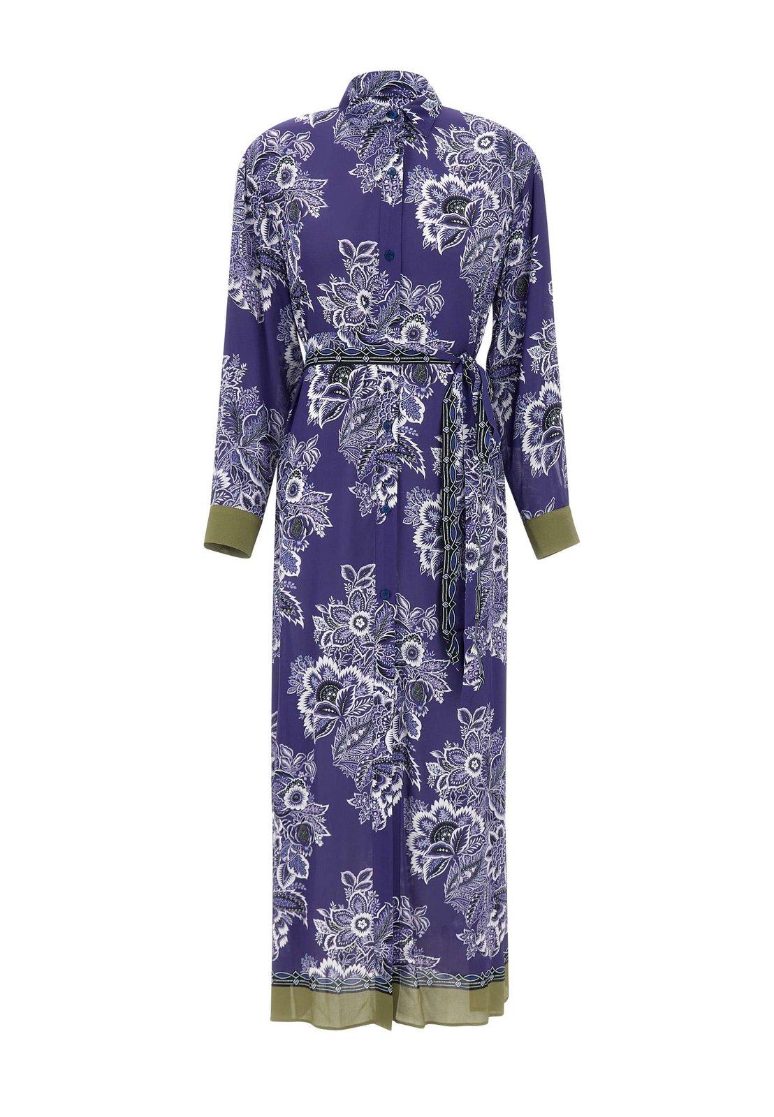 Shop Etro Belted Waist Floral Printed Shirt Dress In Blue