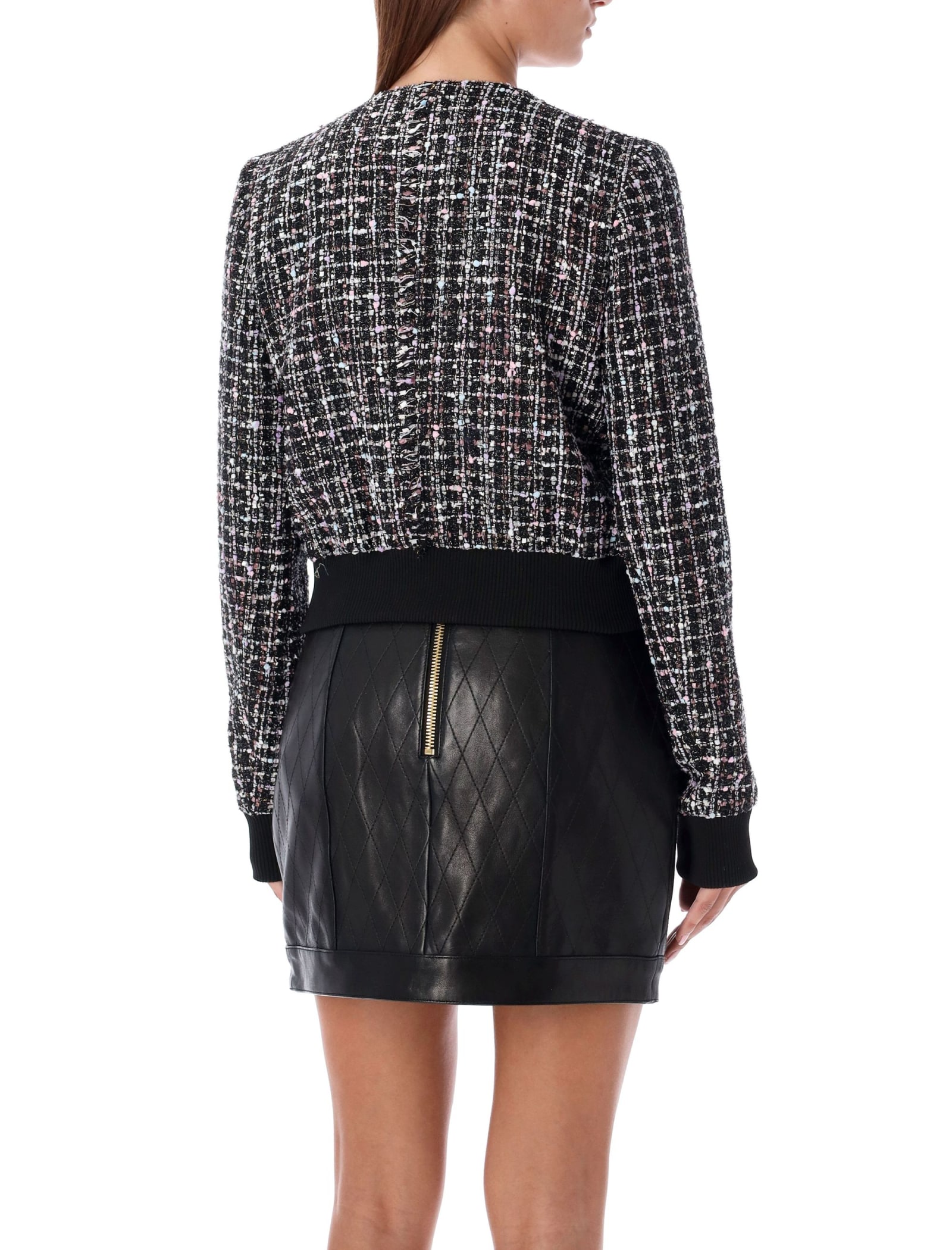 Shop Balmain Tweed Bluson Bomber In Nero Multicolor