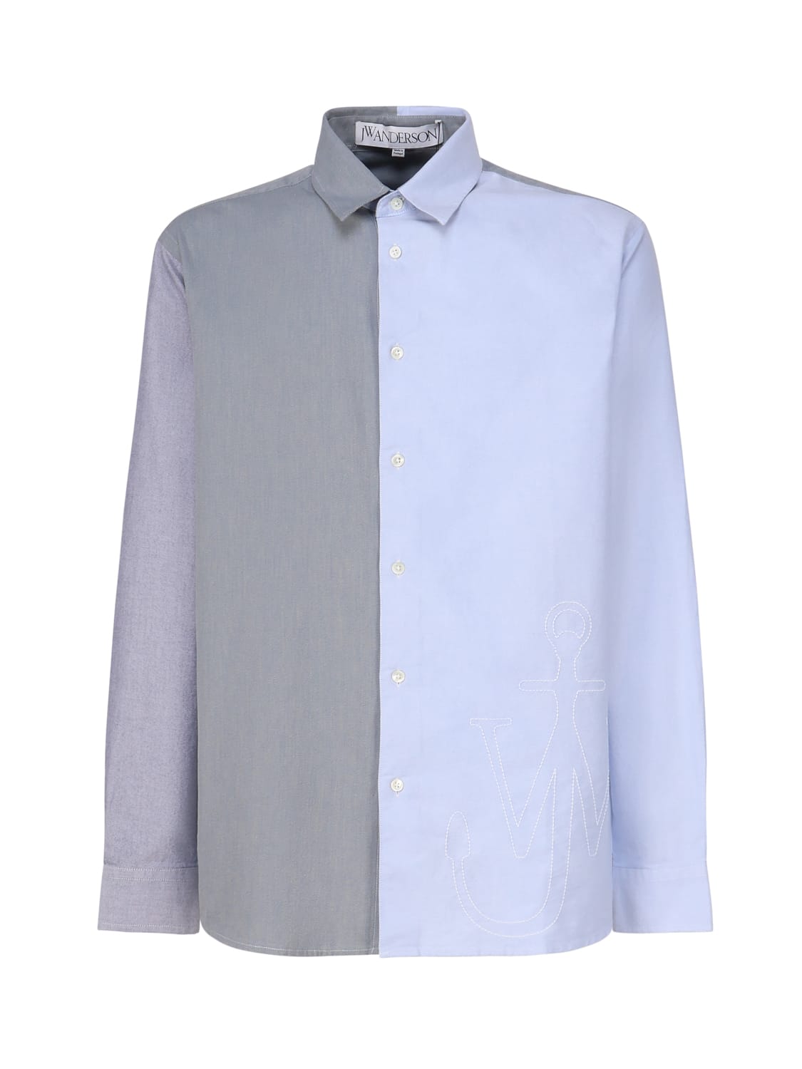 Shop Jw Anderson Patchwork Shirt With Anchor Embroidery In Grey, Light Blue