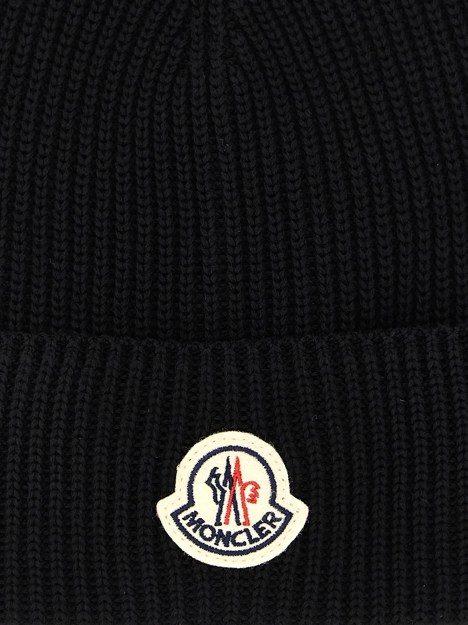 Moncler Ribbed Texture Wool Hat Winter Style In Black