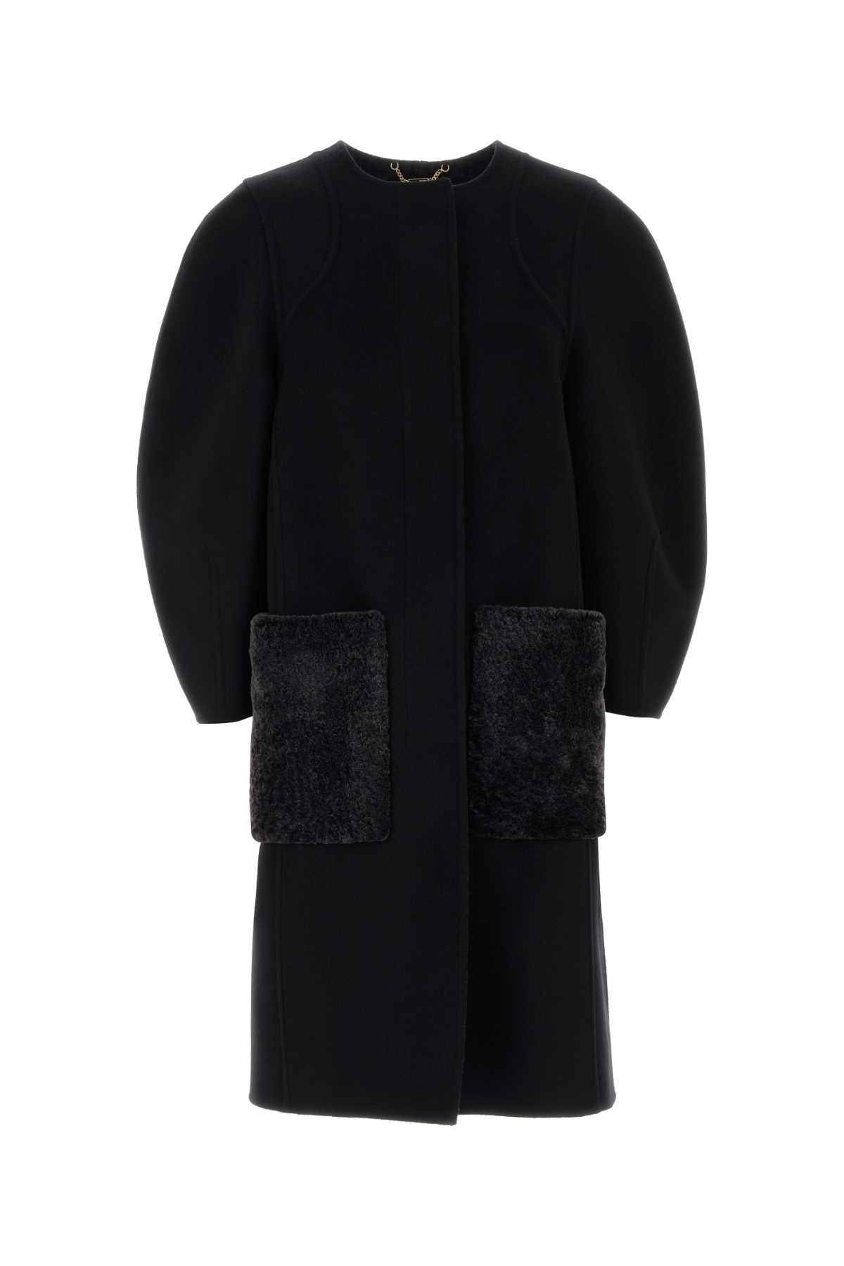 Fendi Women Black Crewneck Coat With Puffed Sleeves And Two Front Shearling Pockets In Wool Blend Wo In Black