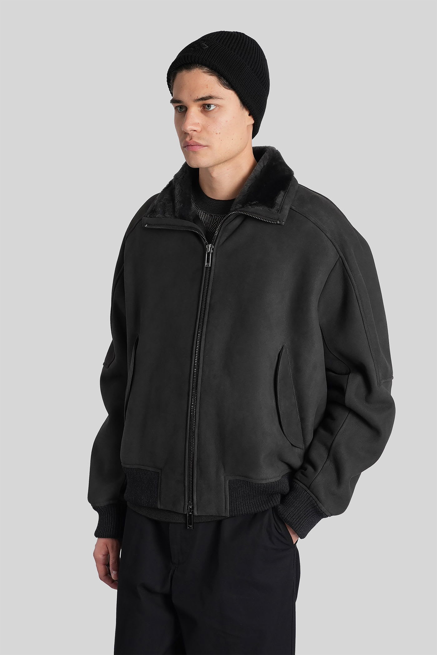 Emporio Armani Leather Jacket In Grey Leather In Gray
