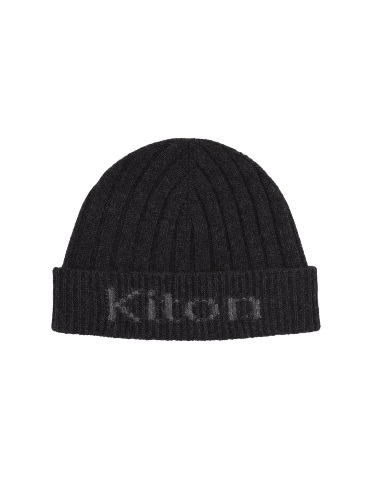 Black Ribbed Cashmere Beanie With Logo