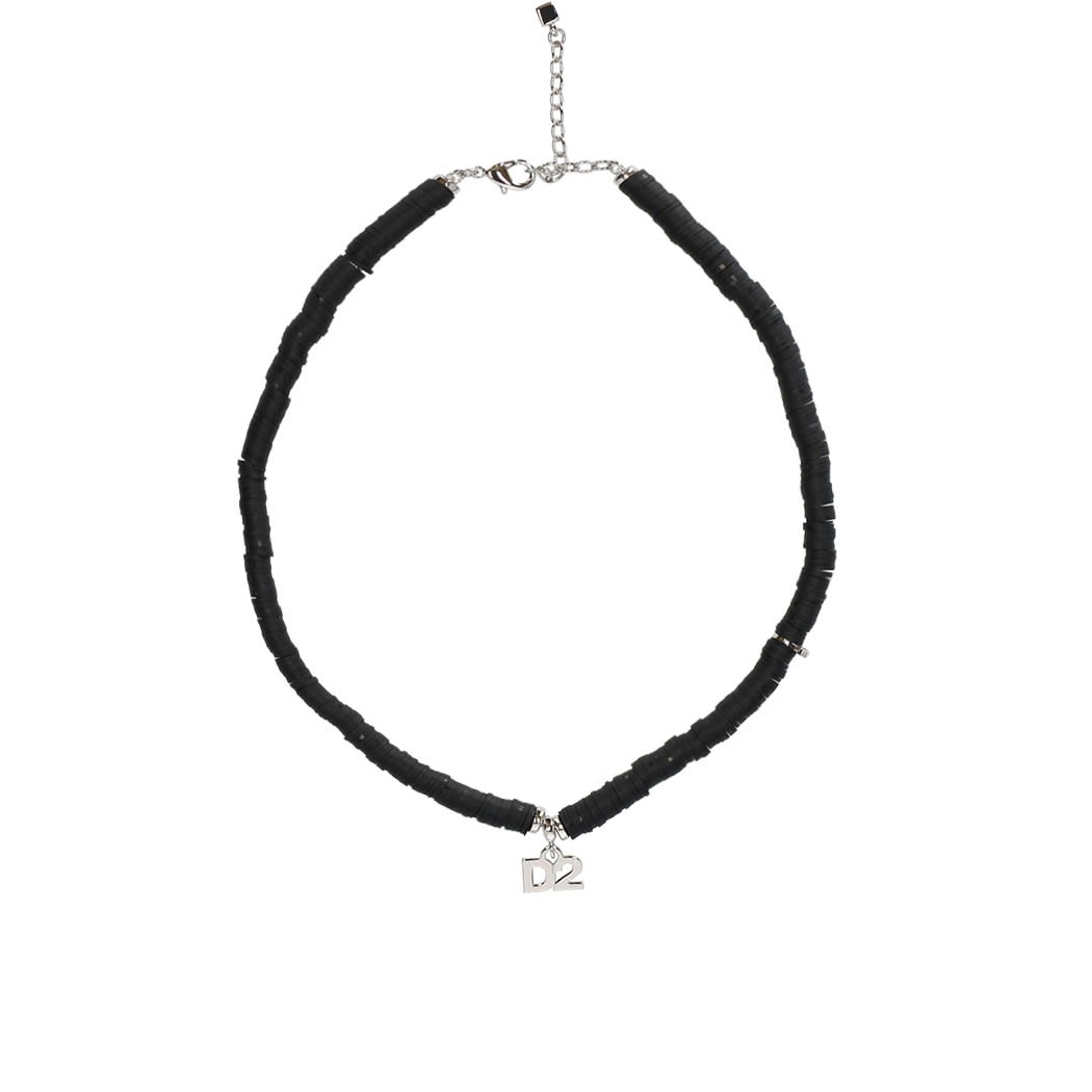 Shop Dsquared2 Black Beaded Necklace With Logo Charm In Brass Man In Nero