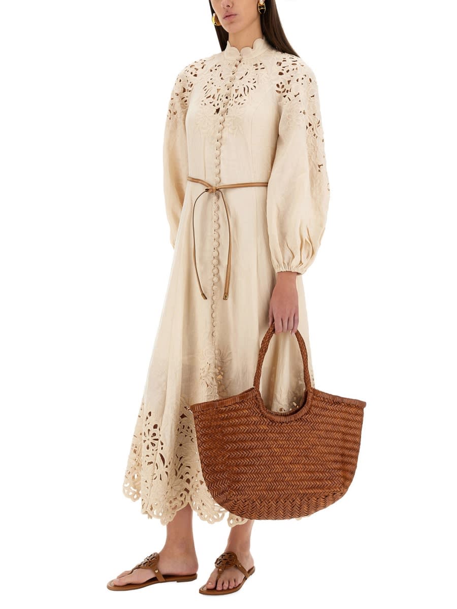 Zimmermann Beige Long Dress With High Neck And All-over Embroidery In Linen Woman In Cream