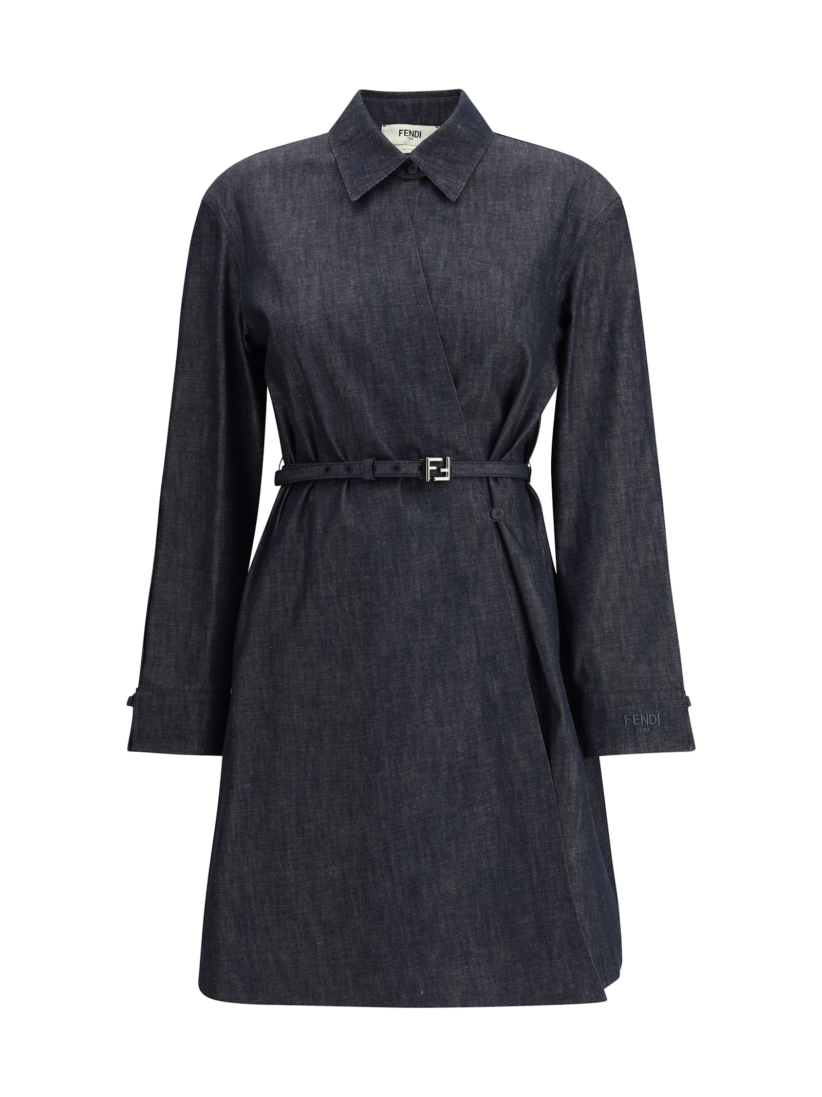 Fendi Belted Denim Shirt Mini Dress In Black