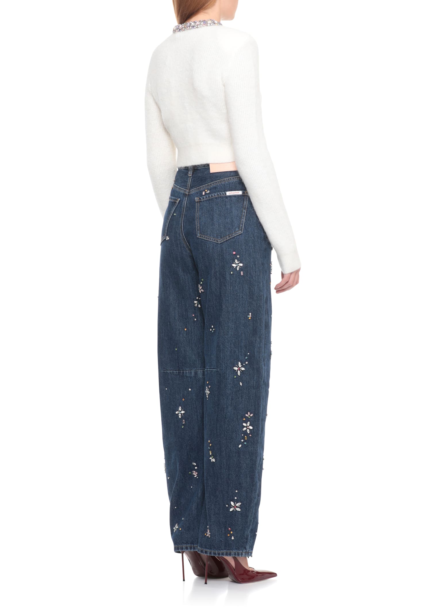 Self-portrait Strass Embellished Crew Neck Cropped Cardigan In White