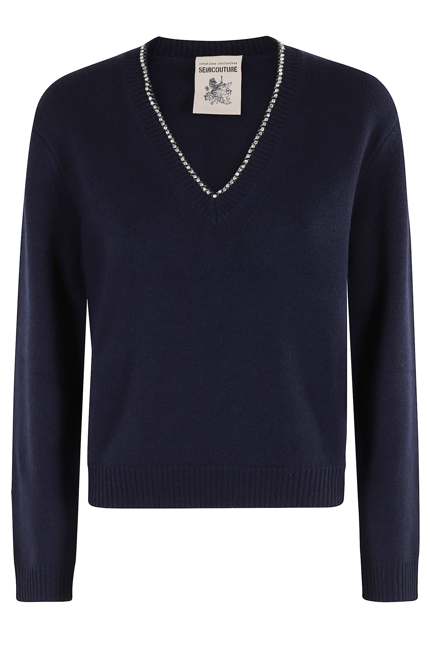 Semicouture Semi Couture Nahia V-neck Sweater With Rhinestone Detail In Blue