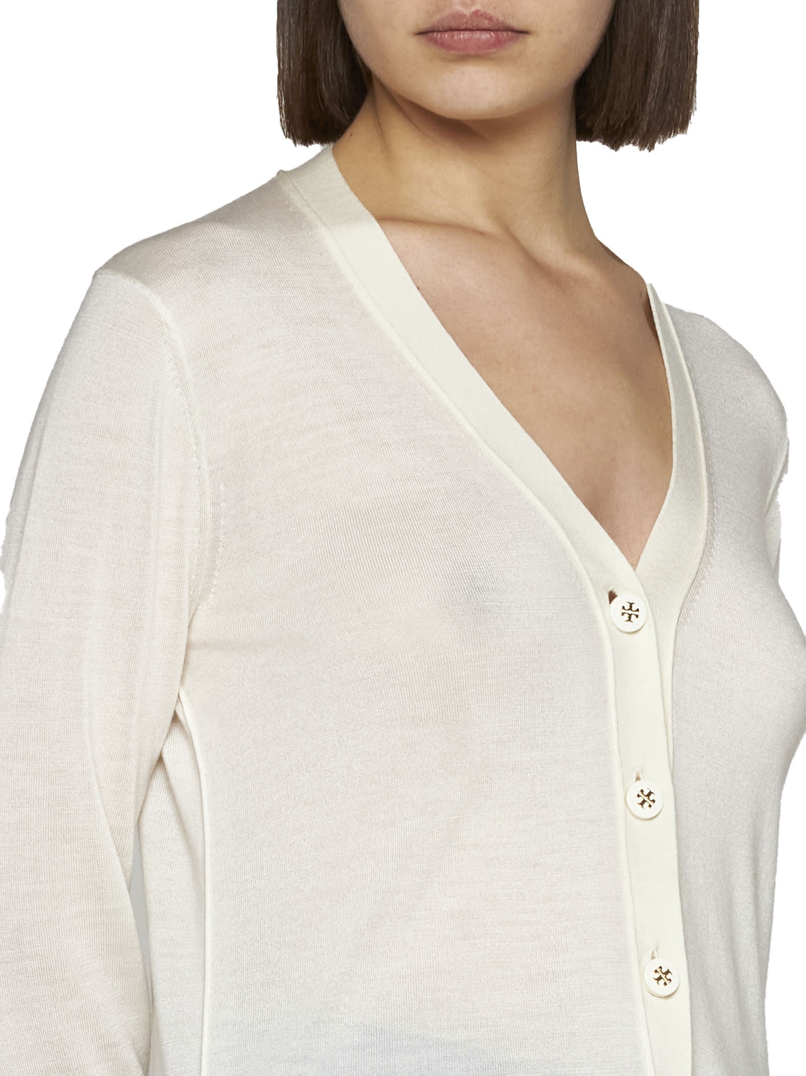 Tory Burch 'simone' Wool And Silk Cardigan In Panna