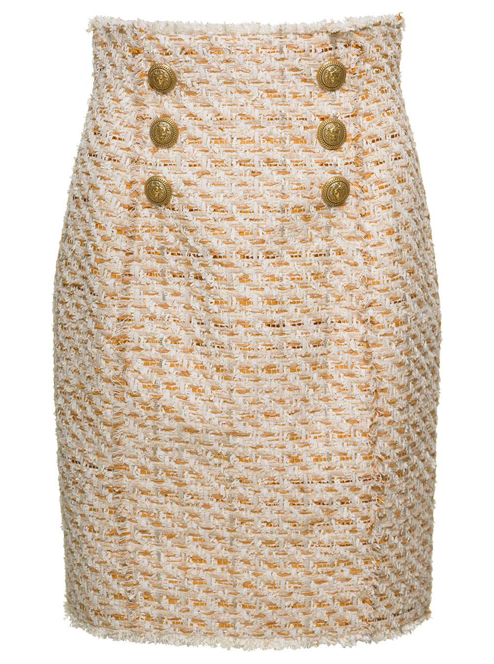 Shop Balmain Beige Tweed Skirt With Front Golden Buttons In Cotton Blend Woman