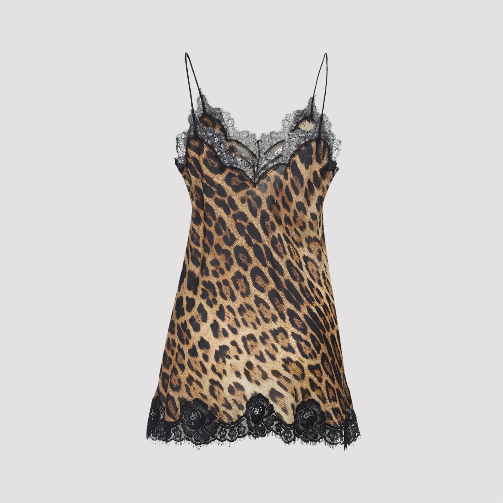 Roberto Cavalli Animalier Silk Mini Dress With Scalloped Lace Trim In Multi