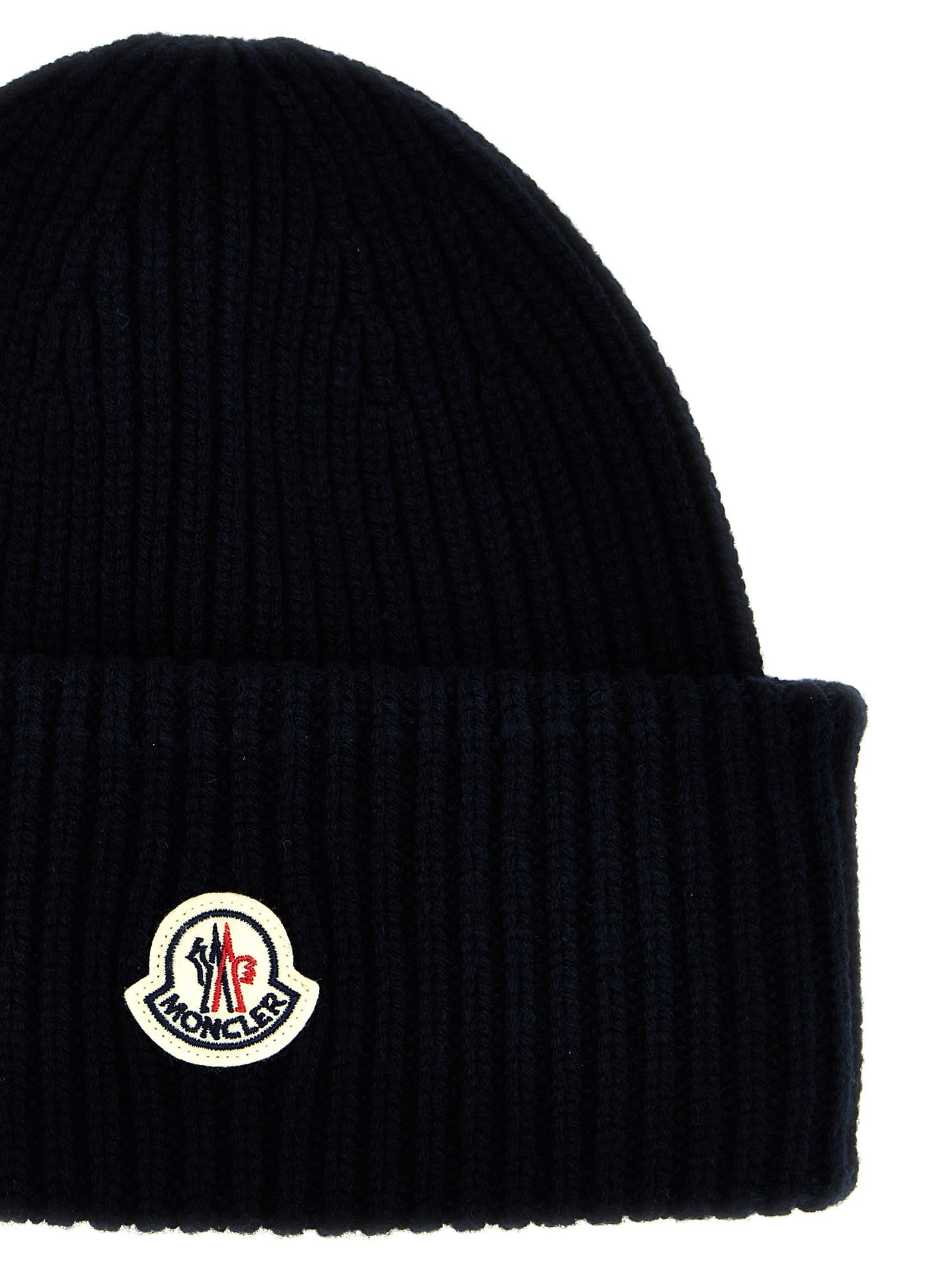 Shop Moncler Logo Patch Beanie In Blue