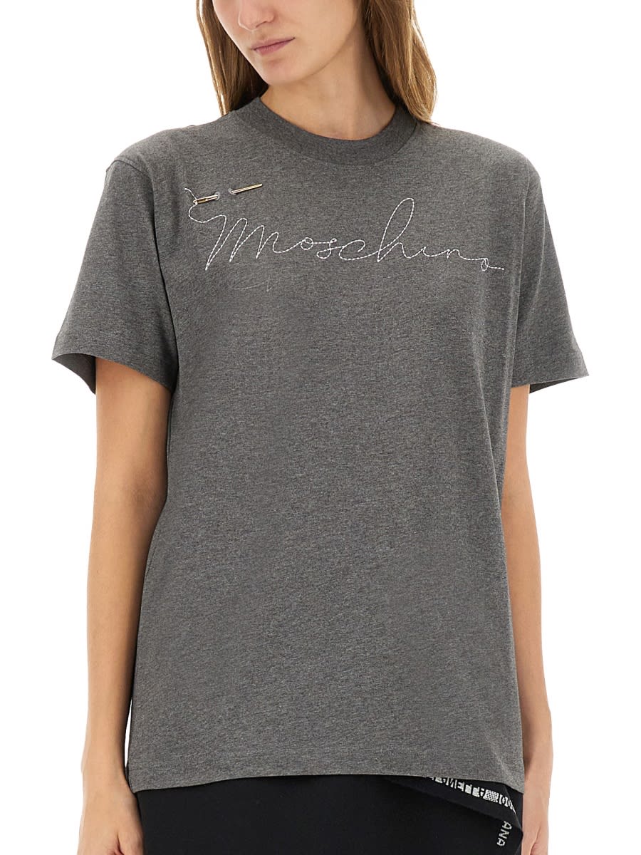 Moschino T-shirt With Embroidered Logo In Gray
