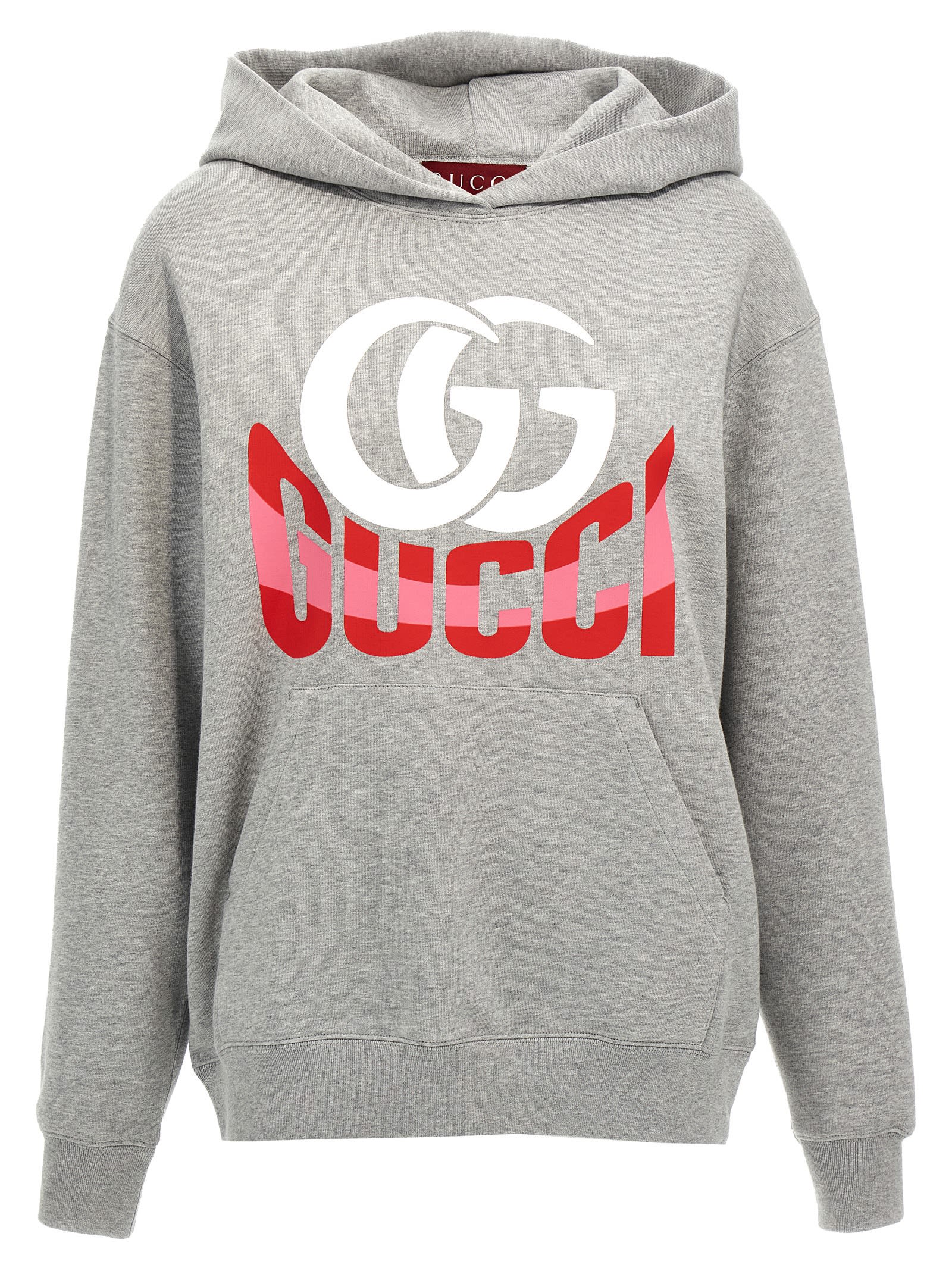 Shop Gucci Logo Print Hoodie In Gray