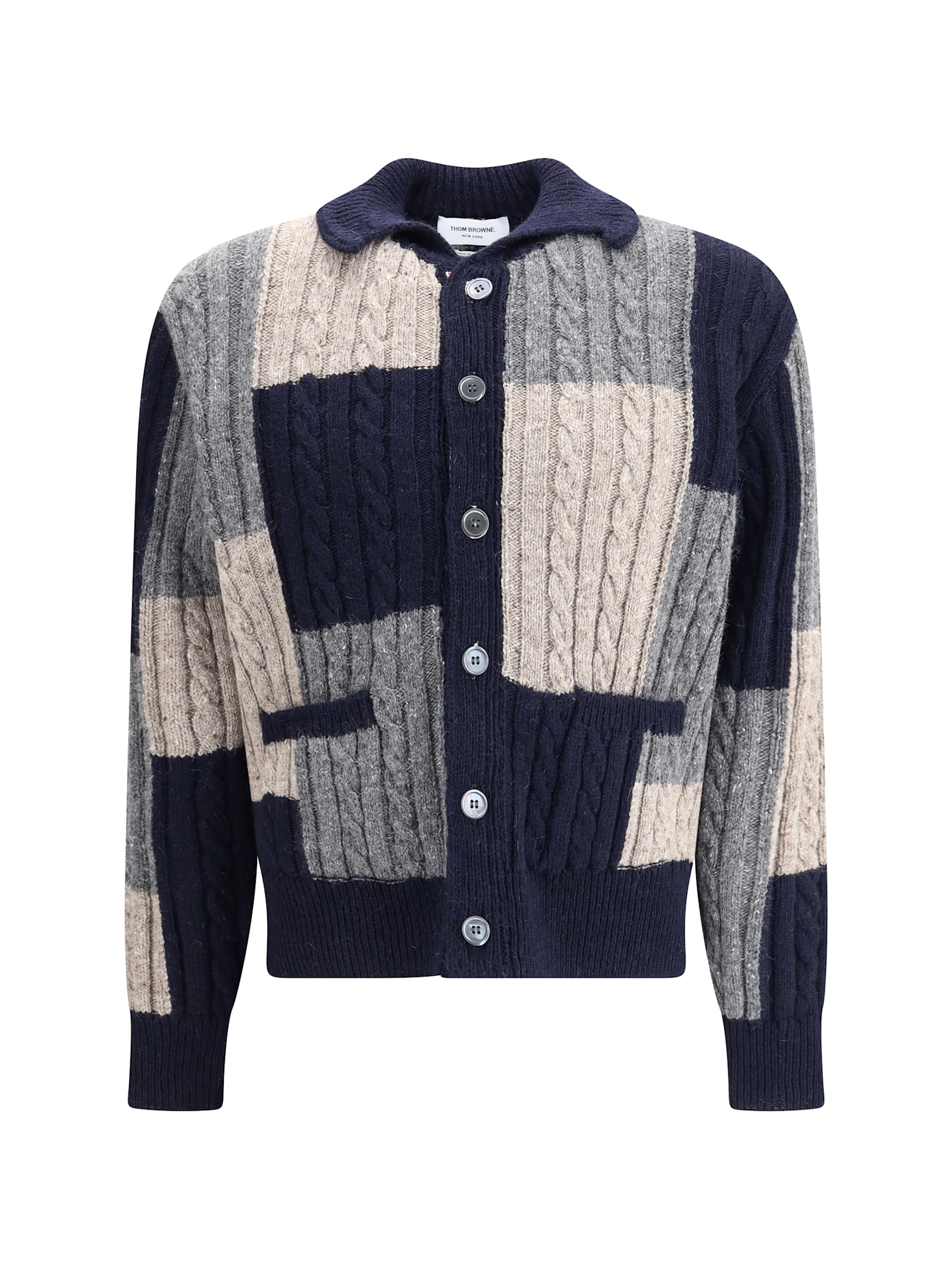 Thom Browne Patchwork Cable Knit Intarsia Cardigan In Multi