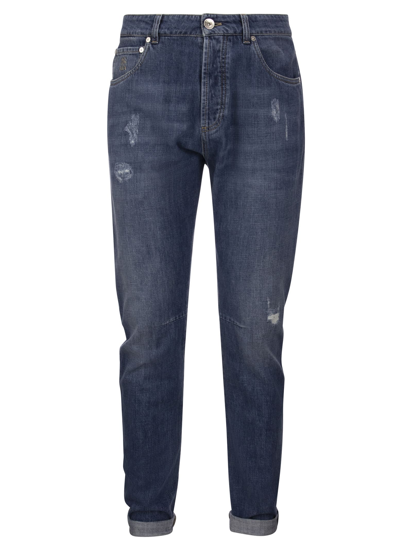 Brunello Cucinelli Five-pocket Leisure Fit Trousers In Old Denim With Rips